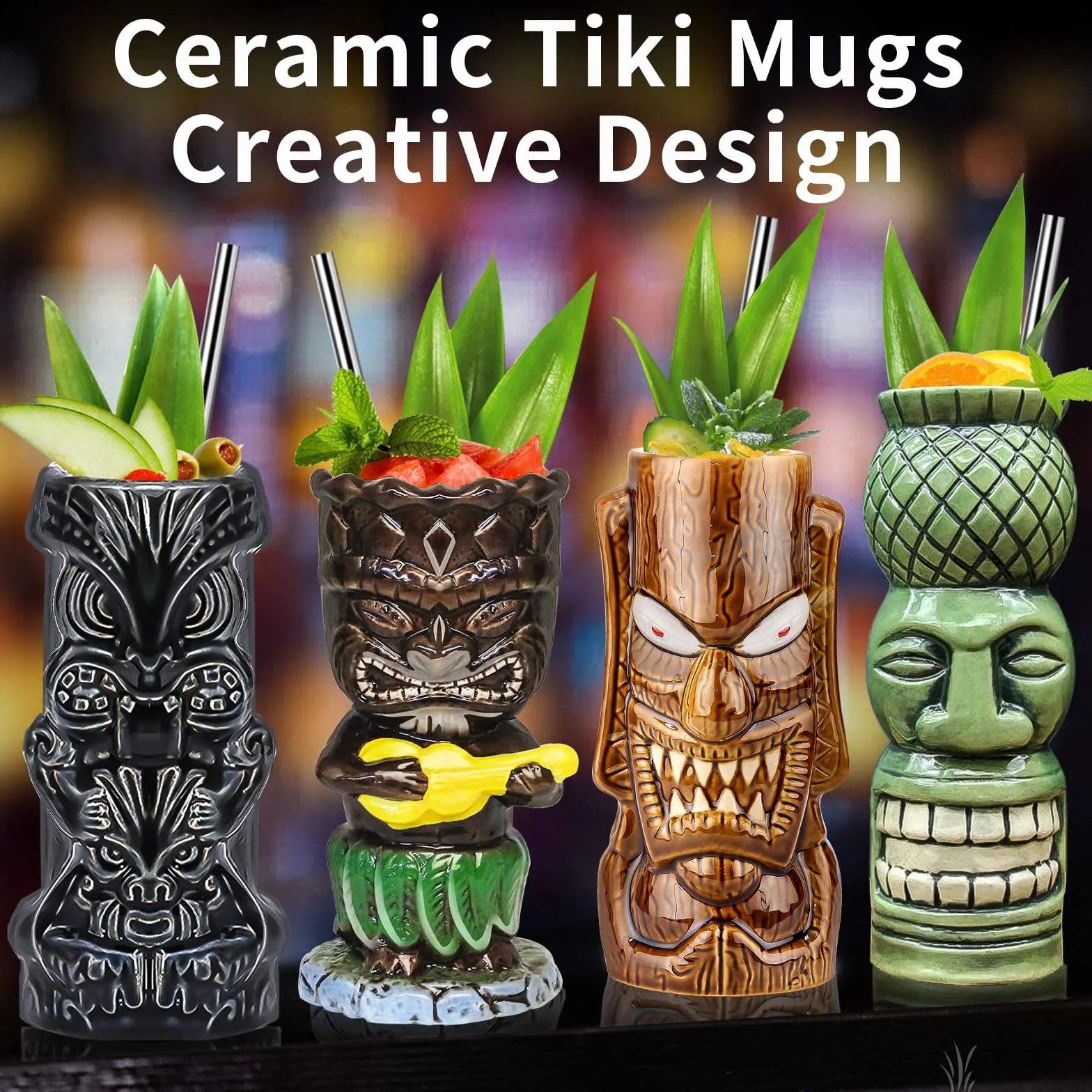 Tiki Tazze per cocktail in ceramica hawaiana, set di 4 grandi