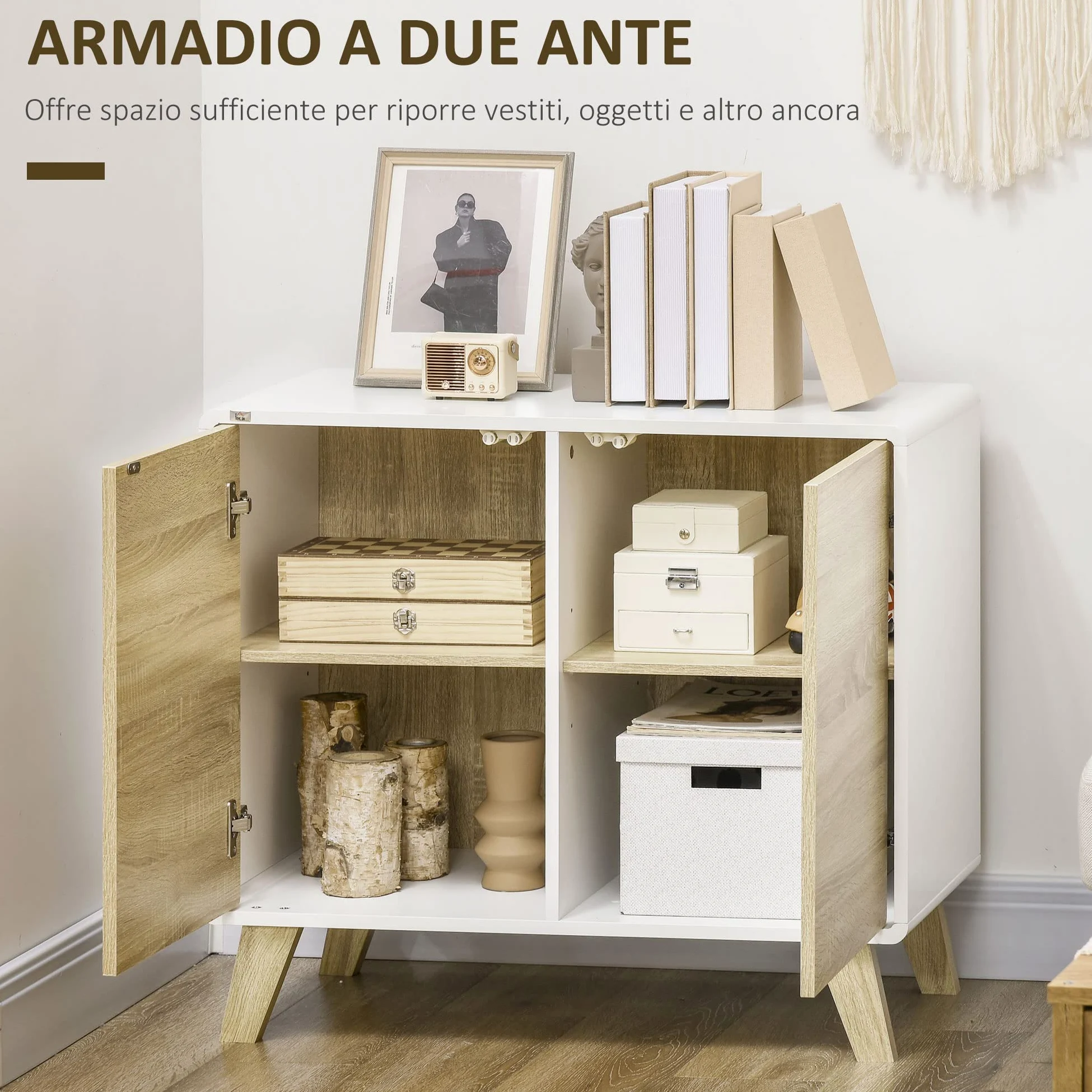 HOMCOM Mobile Multiuso con 2 Ante, Mobile Multiuso con Ante a Pressione e Mensole Regolabili, Mobiletto Salotto e Camera in Legno, 80x40x70cm, Bianco e Quercia