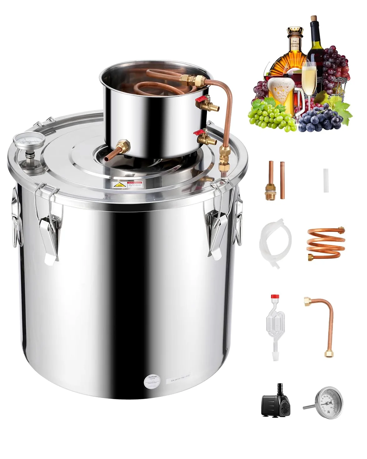 VEVOR Distillatore di Alcool 50 L Distillatore di Alcool Acqua in Acciaio Inossidabile con Bobina di Rame, Kit di Fermentazione per Raffinazione Birra Fatta in Casa con Termometro e Pompa, Argento