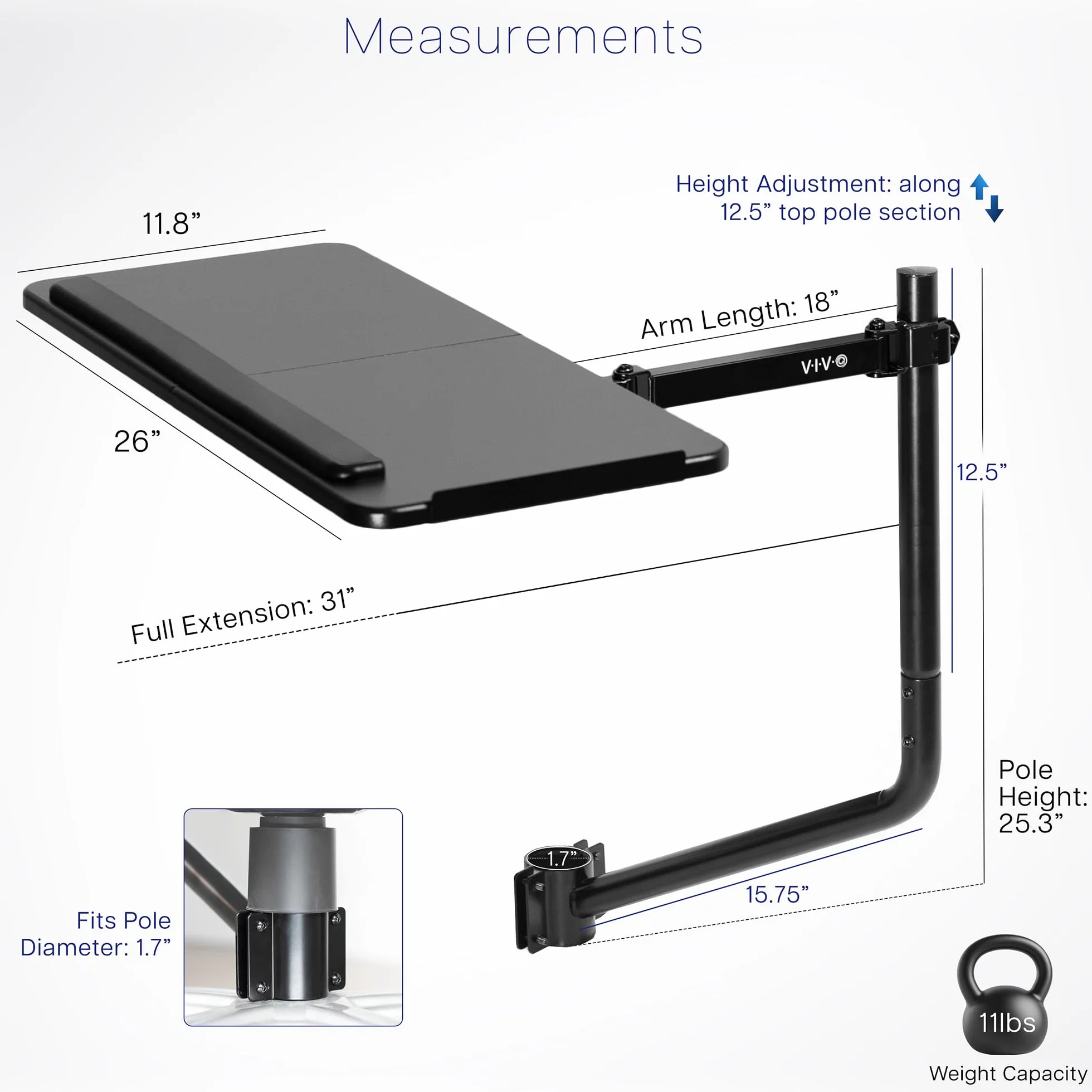 VIVO MOUNT-KB08C - Sedia da ufficio con supporto per tastiera e mouse, 66 x 30 cm, inclinabile ergonomicamente, rotazione a 360 gradi, colore: nero