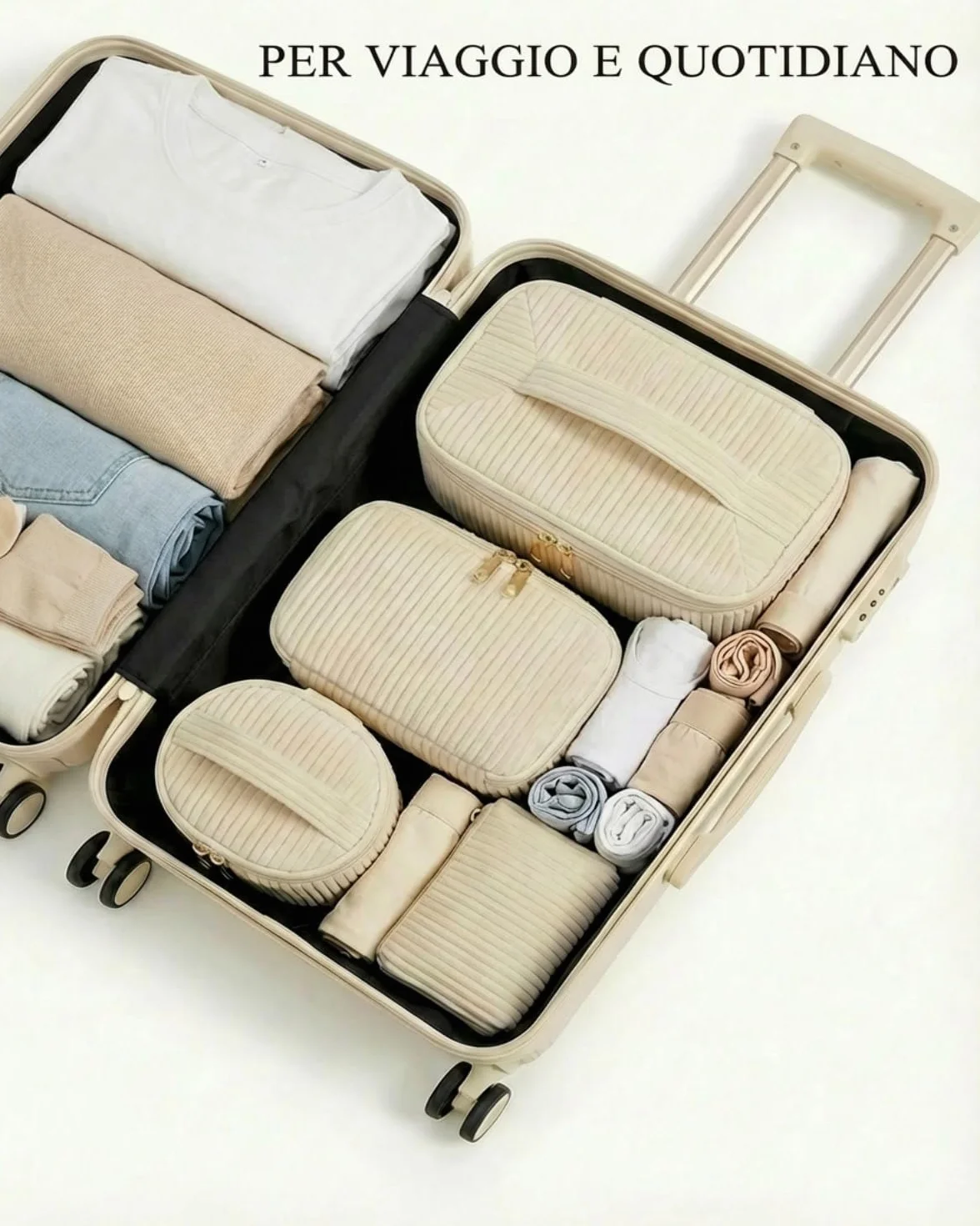 Set da 4 Beauty Case Donna in Velluto a Coste, Pochette Trucco con Manico, Beige