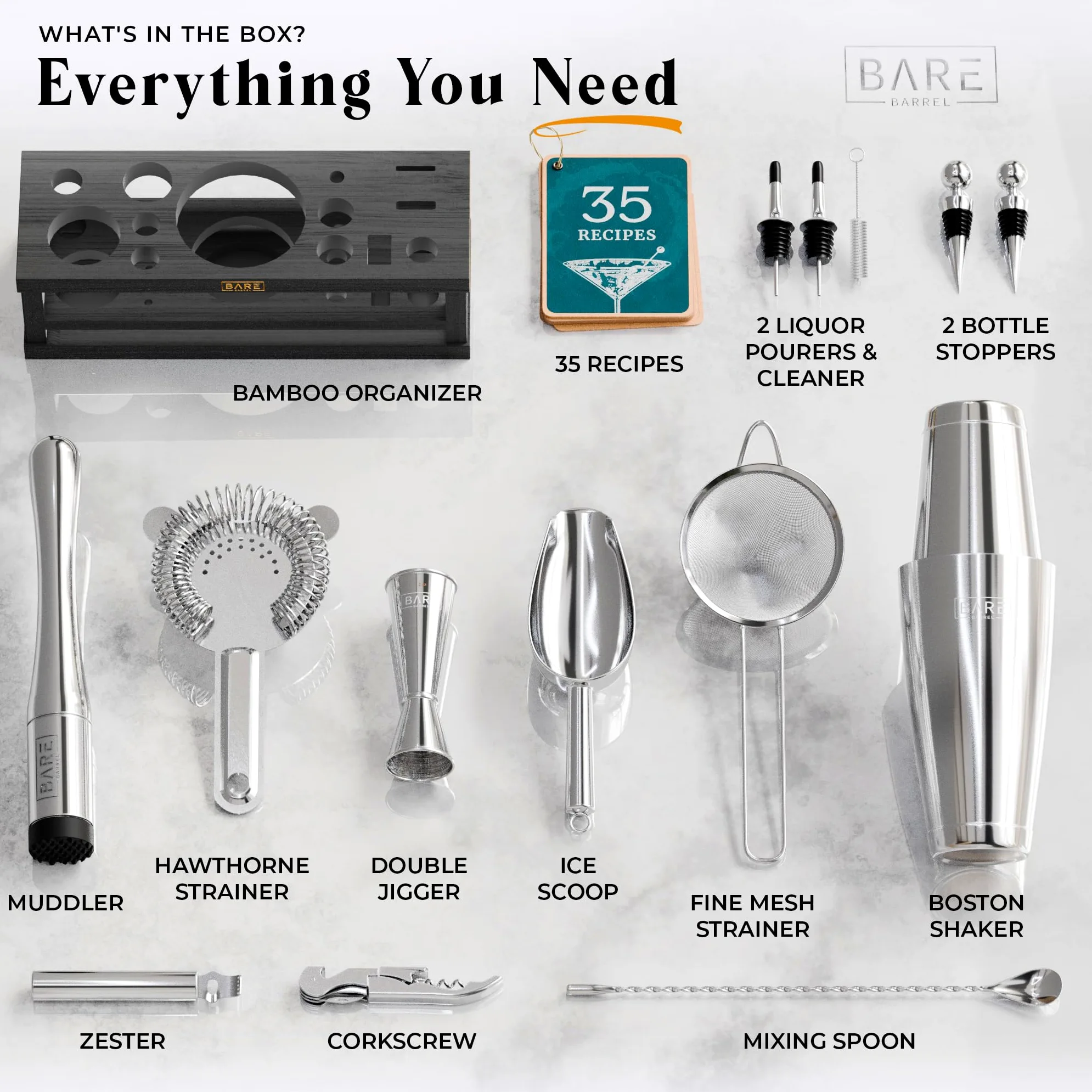 BARE BARREL Kit per la preparazione di cocktail, kit da barista da 16 pezzi, shaker per cocktail, espositore in bambù e 35 biglietti di ricette, set regalo per cocktail mixology (shaker Boston da 800