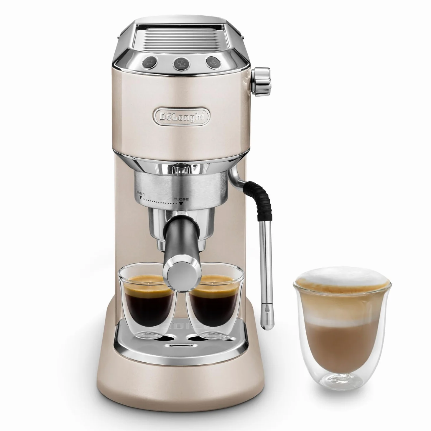 De'Longhi Dedica Arte EC885.​BG, Macchina manuale da Caffè Espresso e Cappuccino, Lancia vapore professionale, Caffè in Polvere o in Cialde E.S.E., Riscaldamento 40sec, Filtro Singolo e Doppio, Beige
