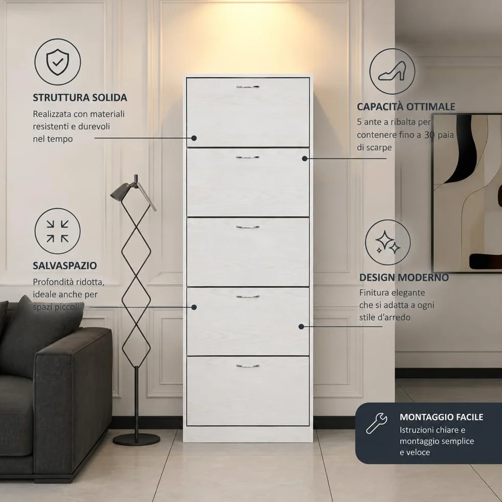 BAKAJI Scarpiera 5 Ripiani Salvaspazio in Legno 63x24x170 cm Bianco