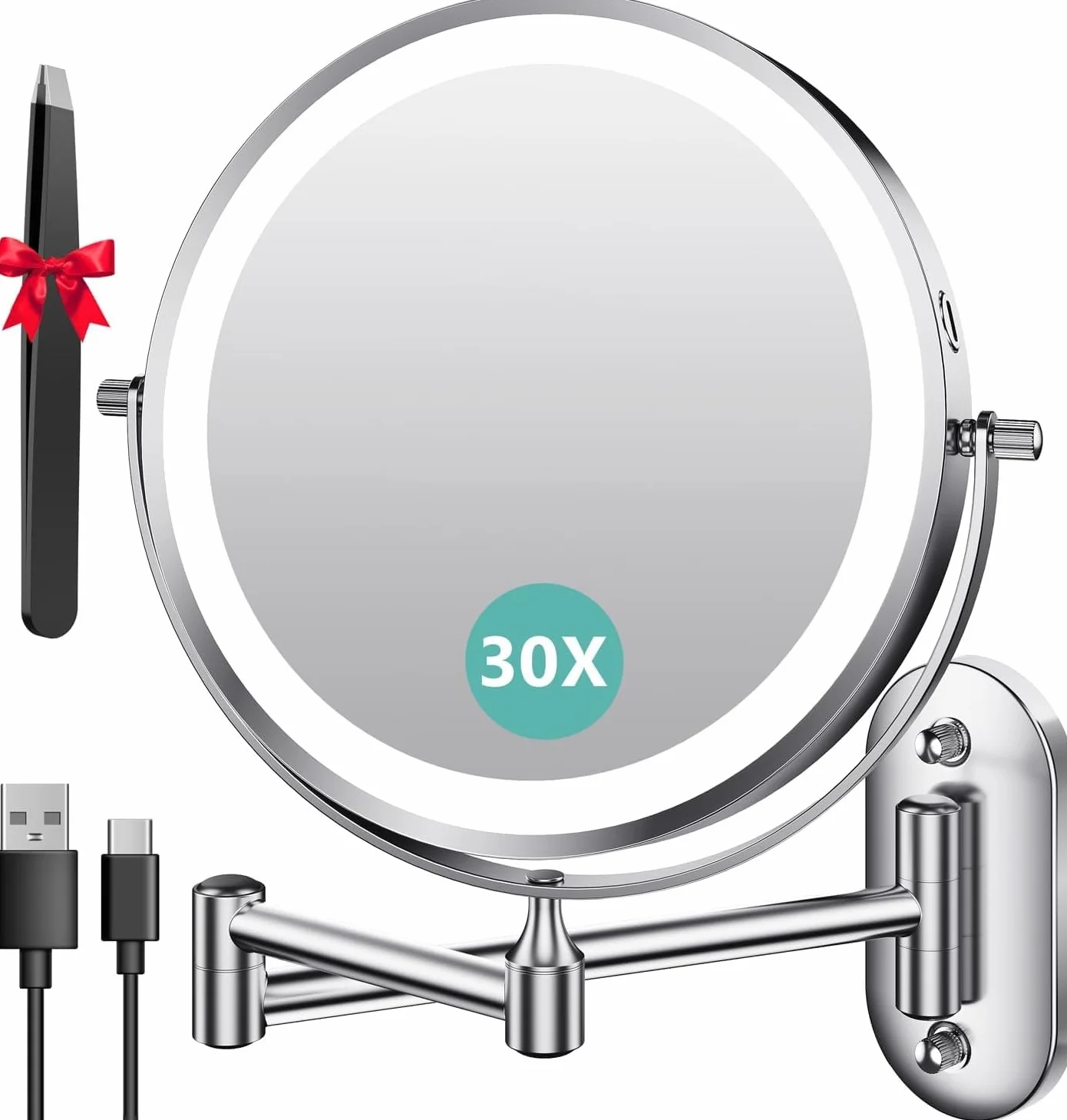 Auxmir Specchio Trucco con Ingrandimento 30X/1X, Specchio da Parete a 54 LED 3 Colori di Luce, Specchio Estensibile, Rotazione a 360°, Alimentato da Batterie Ricaricabile 3200mAh, per Bagno Hotel Spa
