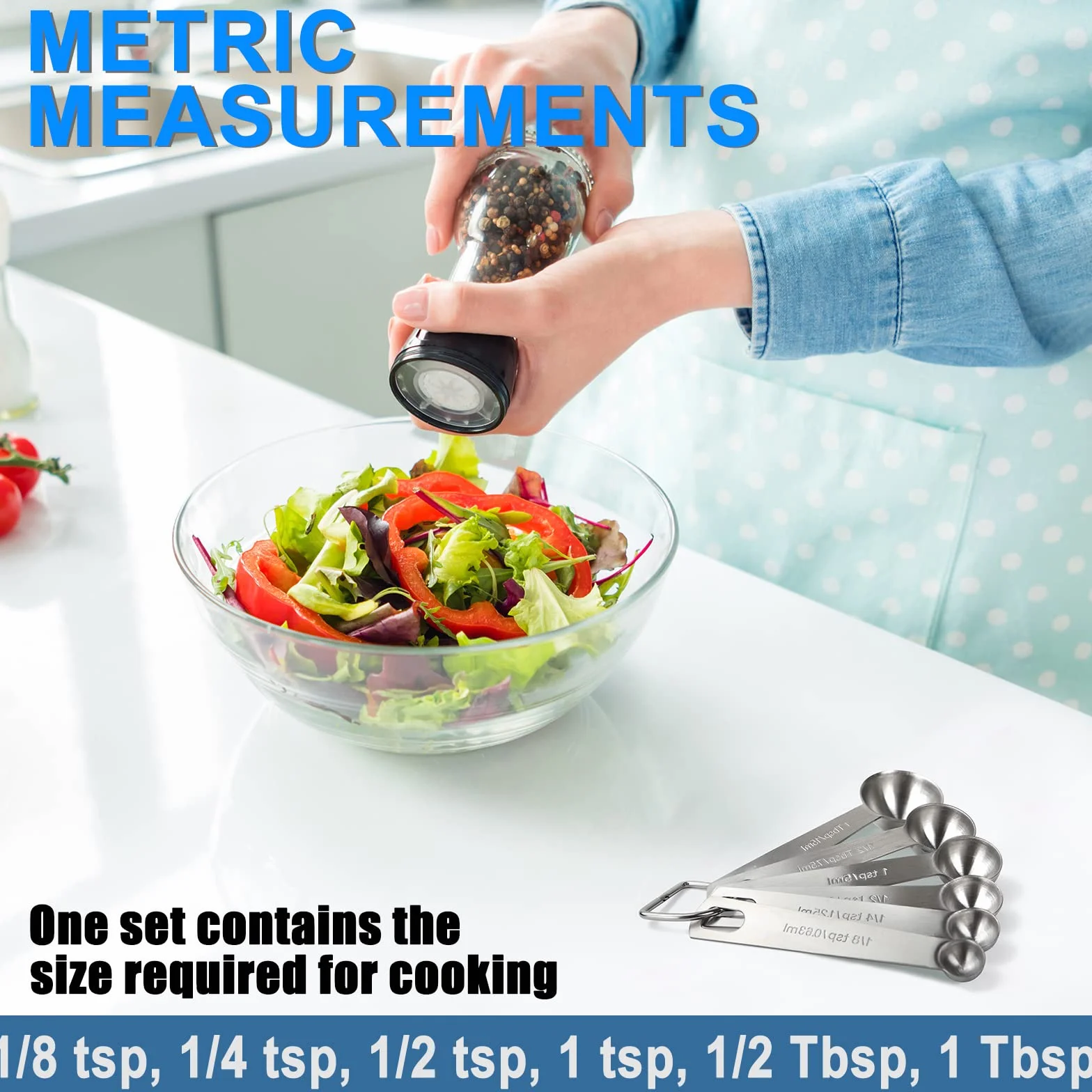 Set di 6 cucchiai dosatori in acciaio inox 18/8, resistenti, con unità di misura metrica e statunitense, per ingredienti secchi e liquidi, idea regalo