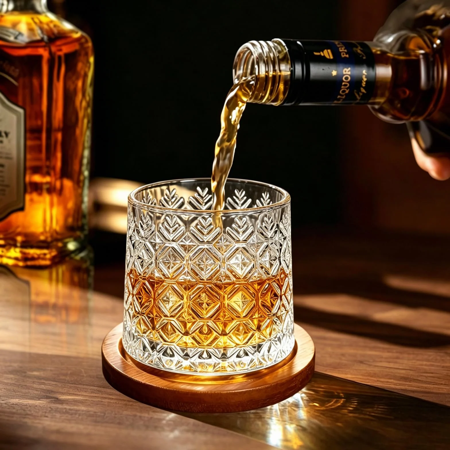 Calice da Acqua Rotante 275 ML Bicchiere Whisky Cristallo Sottobicchiere Bambù
