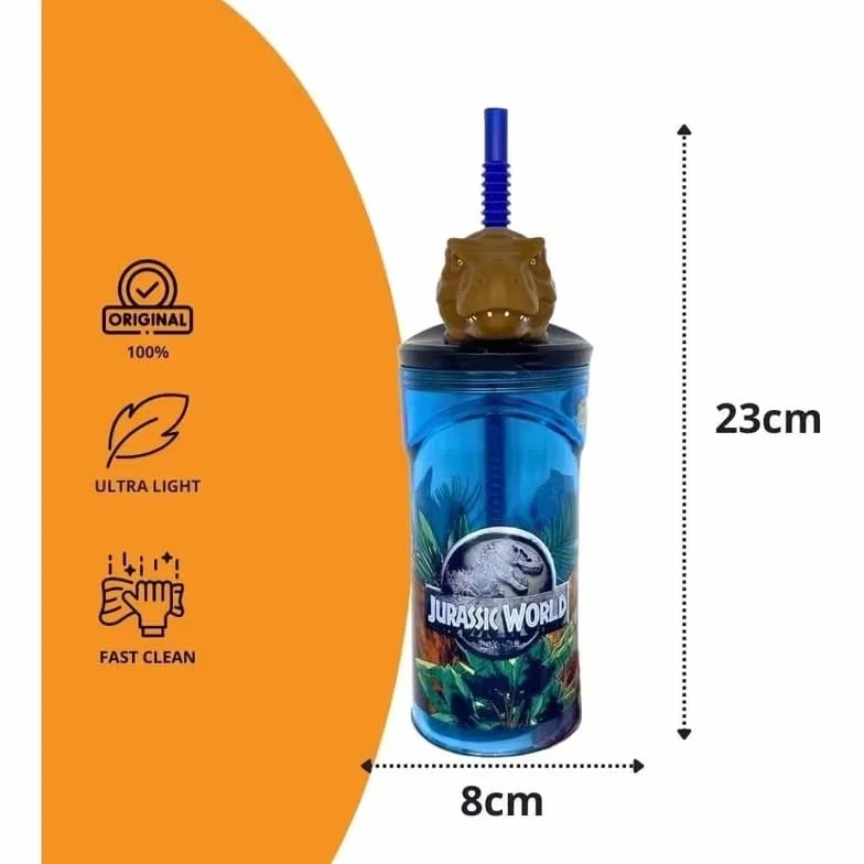 ILS I LOVE SHOPPING Bicchiere 360ml con Cannuccia e Personaggio 3D Jurassic Dinosauri BPA free Bambini