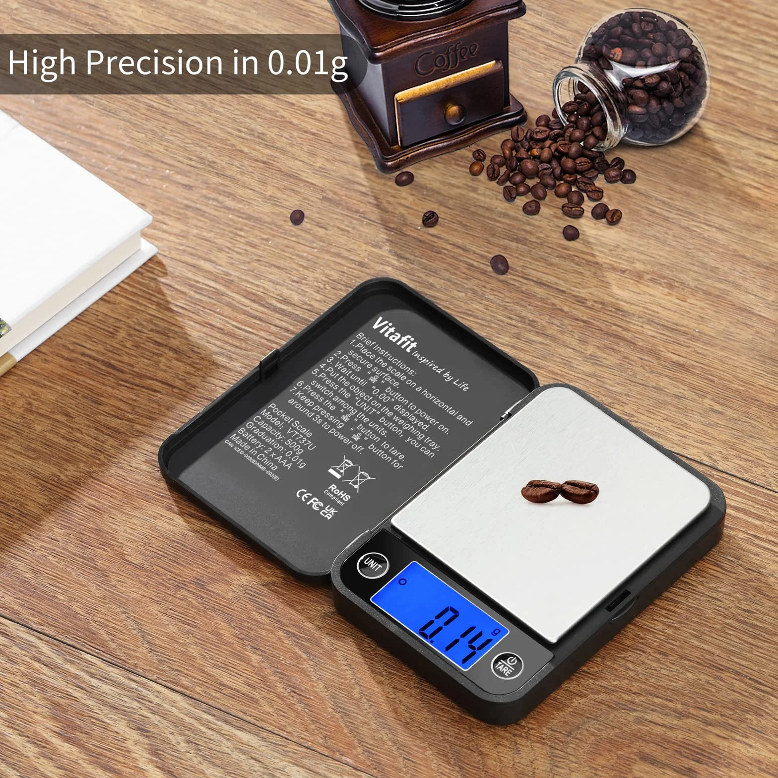 Vitafit Tascabile Digitale 500g/0,01g con Tara e Calibrazione Alimenti Pesa Bilance, Mini Bilancia di Precisione Digitale per Cucina Gioielli Oro Bilancia, 11x8.2cm, Nera