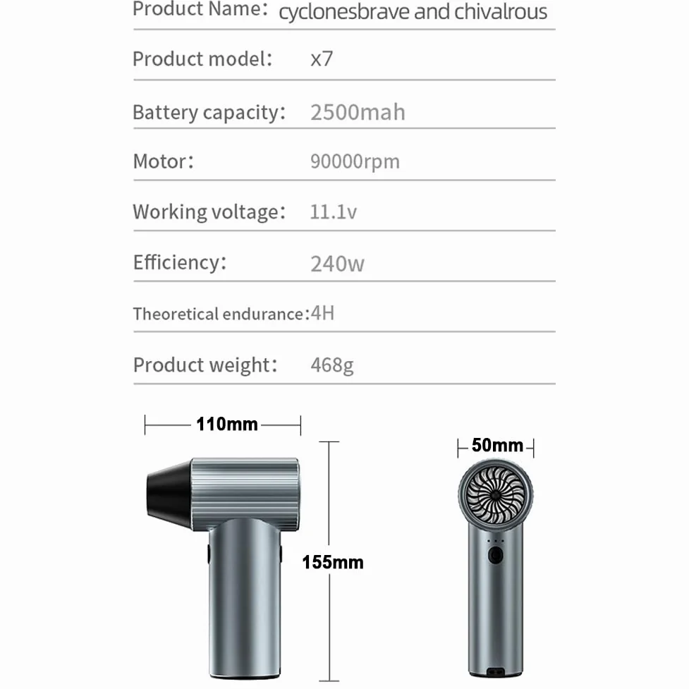 Ventola portatile X7 Jet 90.000RPM 45m/s Velocità del vento 40mm Brushless canalizzato Turbofan Alta Potenza Blower Strumento di pulizia della tastiera 3 velocità Batteria ricaricabile Cordless