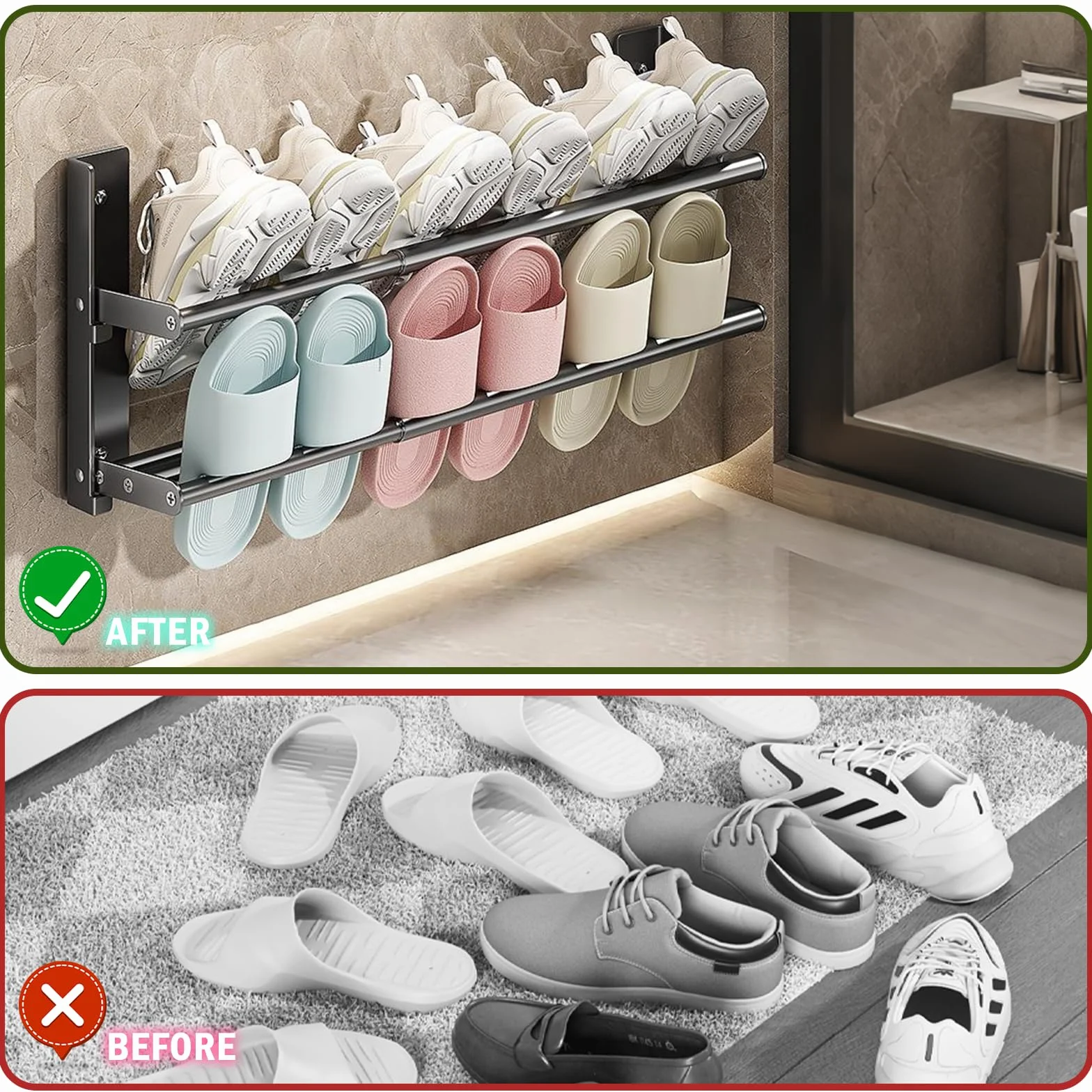 Porta Scarpe da Appendere, Scarpiera Pieghevole in Metallo, Scarpiera da Parete 2 Livelli per 6 Paia, Allungabile 37-67cm, Portascarpe Salvaspazio per porta, Camper, Bagno, Nero