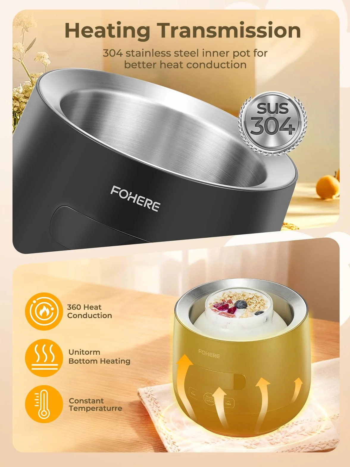 FOHERE Yogurtiera Elettrica con 2 XXL Vasetti da 2000 ml e 1400 ml, 4 * 125 ml Contenitori con Coperchio, 8 Programmi Preimpostati, Accessori per Yogurt Greco, Timer Digitale, 100% BPA Free