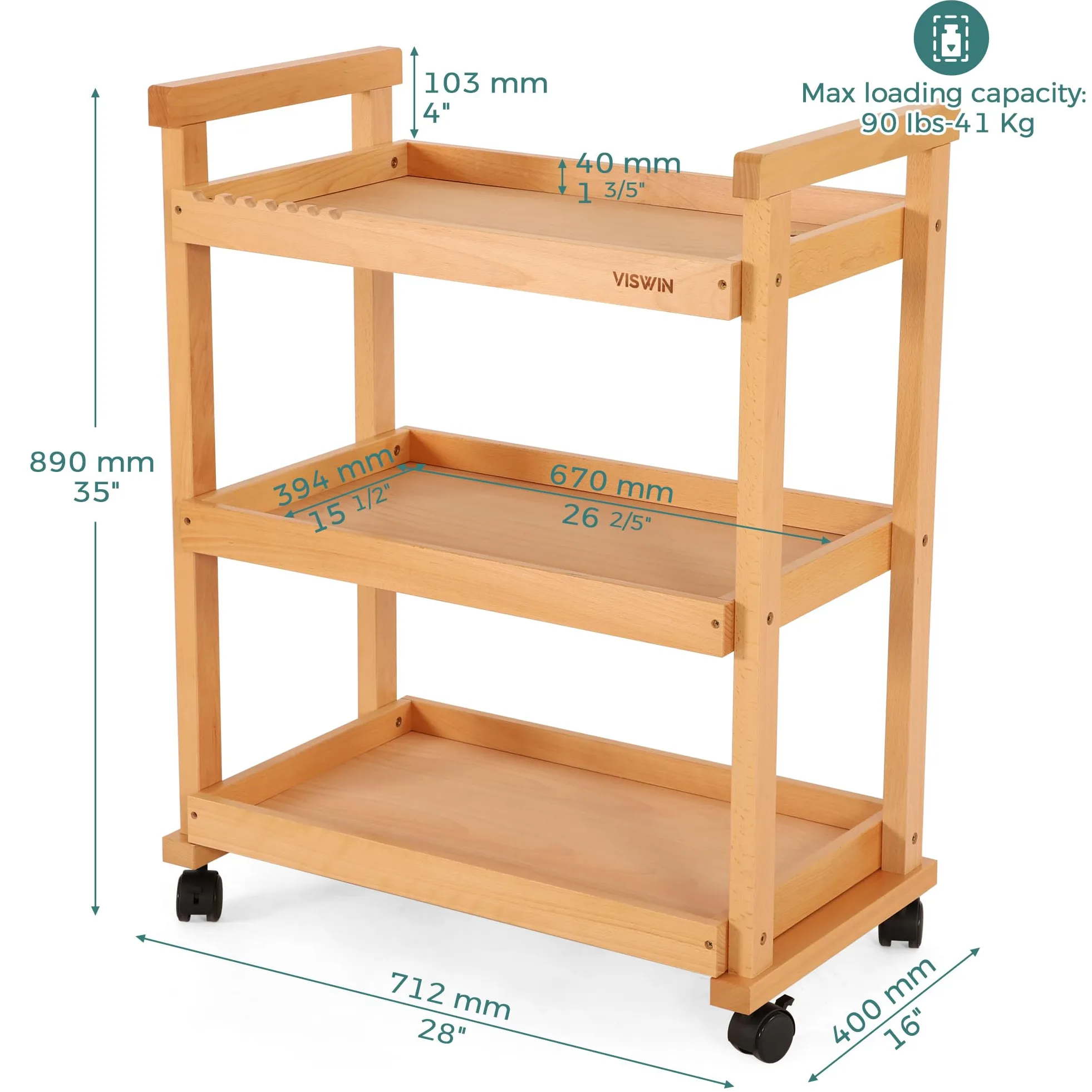 VISWIN 93 cm H art Cart Storage Organizer 3-Tier, Carrello Multiuso Rotante in Legno di Faggio Massiccio con Ruote Piroettanti, Carrello Multifunzionale per Lo Studio, l'Aula e la Cucina