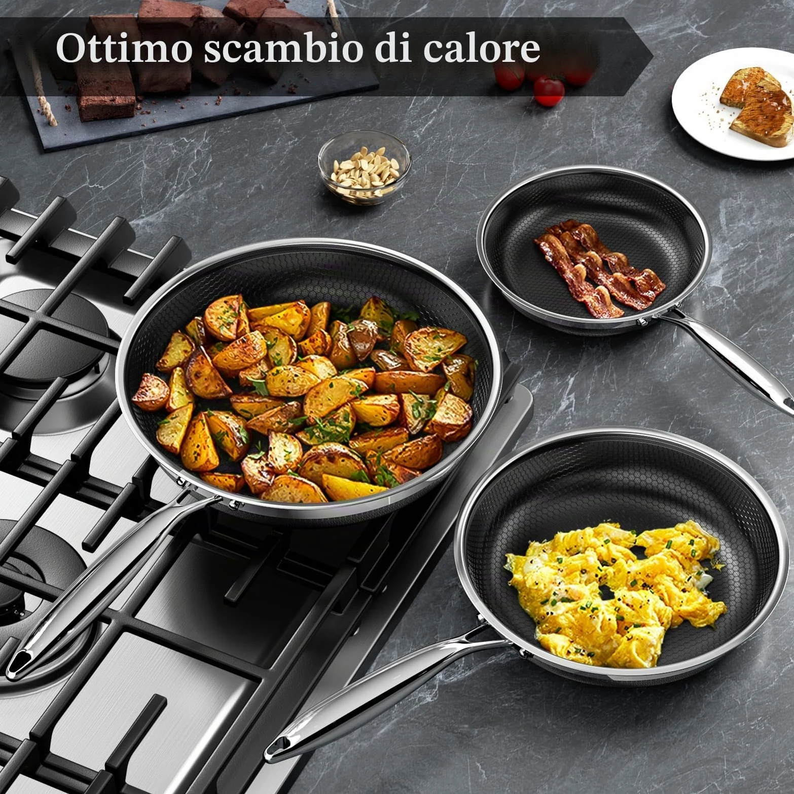 Innerwell Set di padelle Antiaderente 20 24 28 cm, 3 Pezzi Padella Acciaio Inox Induzione, Rivestimento a nido d'ape antigraffio, Padelle Adatte Per Forno, Universali Pentole, Senza PFOA