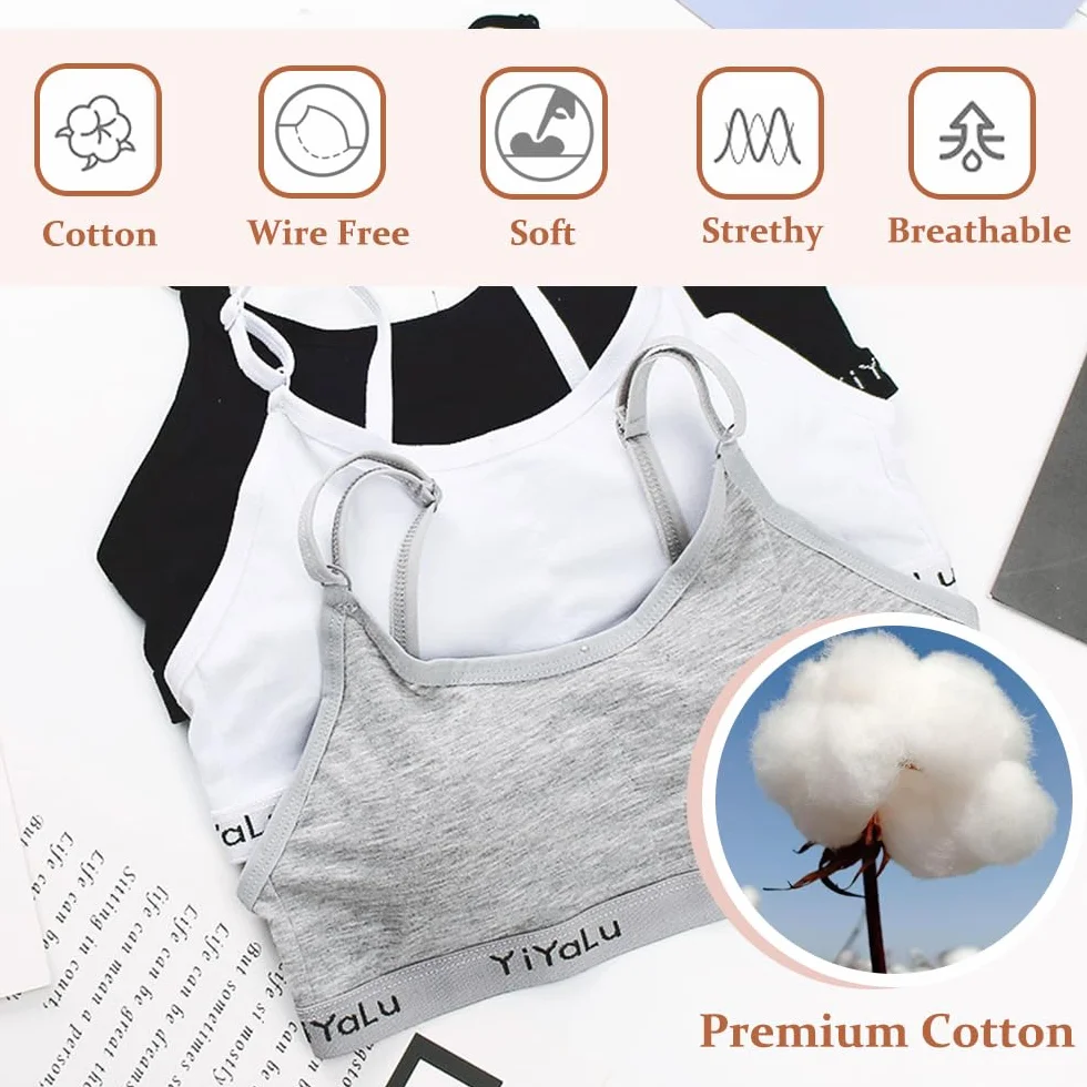 Bysion Confezione da 3 Reggiseno da Allenamento Senza Cuciture per Ragazze Cotone Sportivo Intimo con Pastiglie e Spallacci Regolabili 10-14 Anni