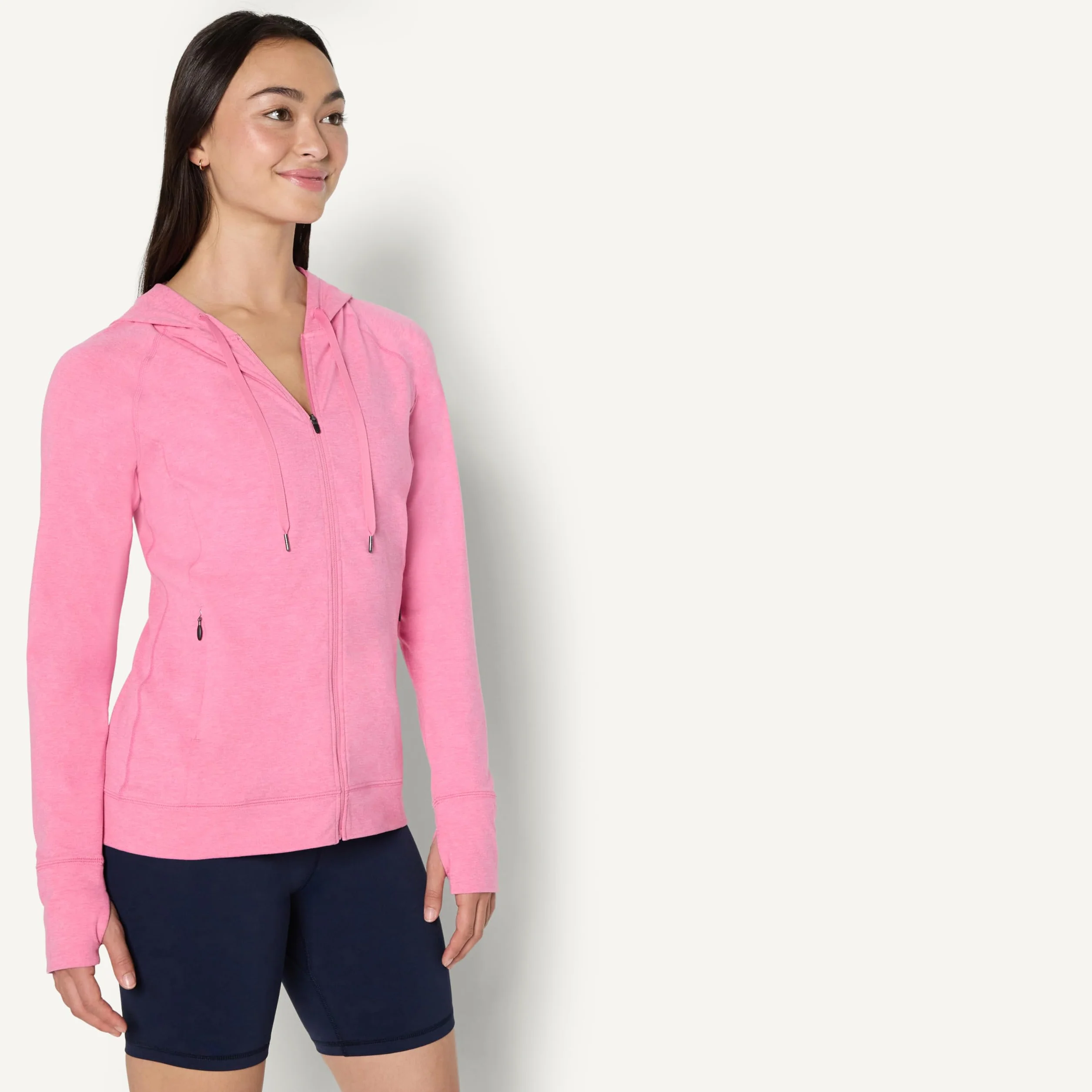 Amazon Essentials Giacca Sportiva Morbida e Leggera con Cappuccio e Zip Lunga, in Tessuto Tecnico, da Allenamento Donna