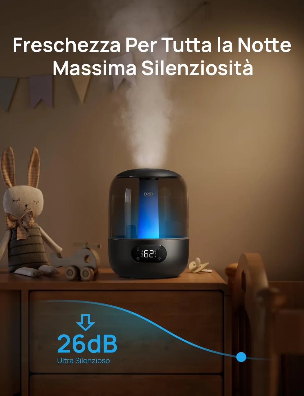 Dreo 3L Umidificatore Ambiente Bambini Silenzioso 26dB con Sensore di Umidità, Ultrasuoni Nebbia Fresca, Ugello 360°, 30h Autonomia, Diffusore Oli Essenziali, Luce Ambientale, per Casa e Piante, Nero