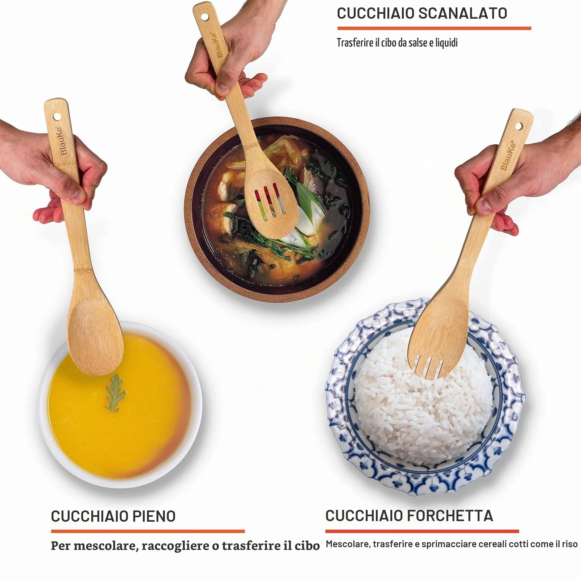 BlauKe® Set di Utensili da Cucina in Bambù Naturale - 8 Pezzi con Paletta, Spatola, Pinze, Cucchiaio in Legno, Porta Mestoli
