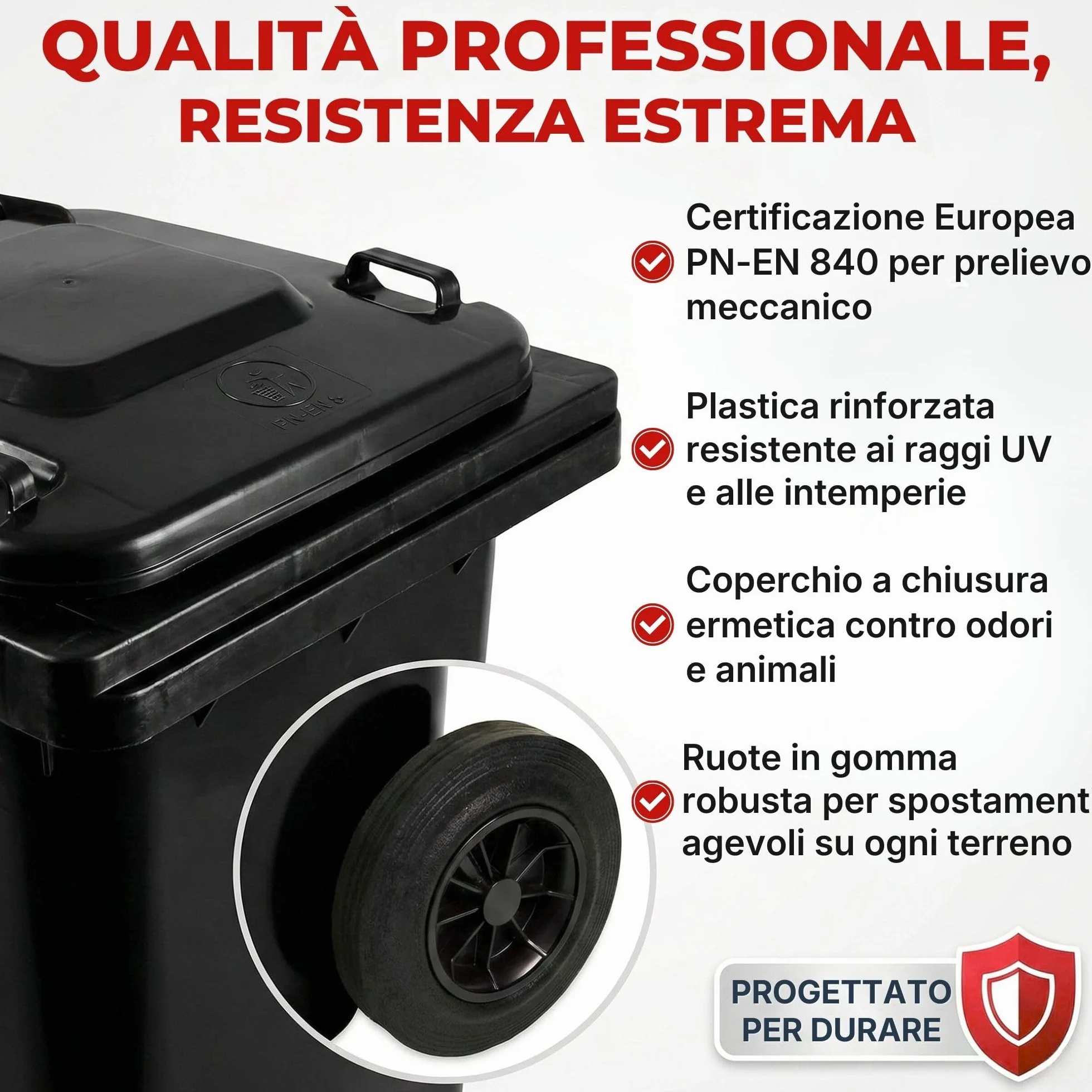 IMJ-Global - Bidone Spazzatura Esterno 120 Litri PN-EN 840, Secchio Spazzatura Bidoni Differenziata da Esterno con Ruote e Sistema di Aggancio per Prelievo Meccanico Contenitore Immondizia in Plastica
