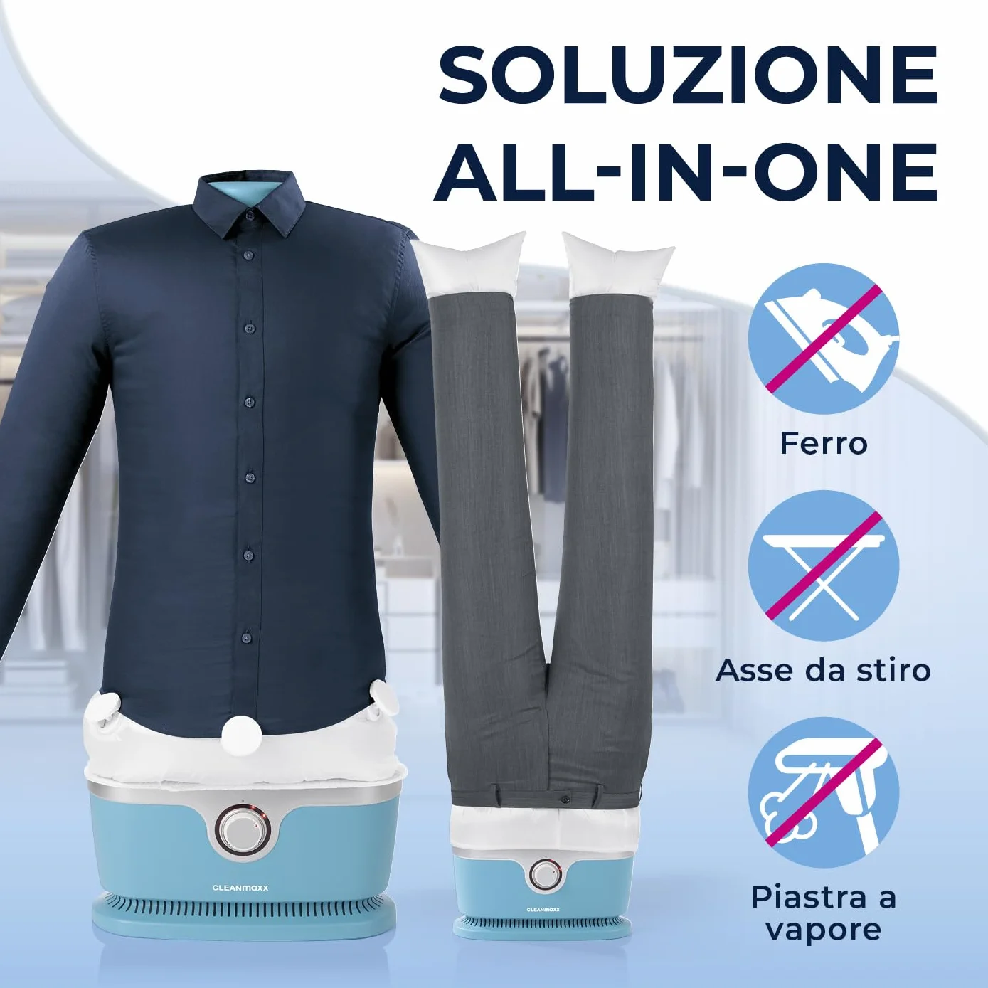 CLEANmaxx Ferro da stiro automatico per camicie PRO con attacco per pantaloni | Sostituisce ferro da stiro, vaporizzatore | Per camicie, camicette e pantaloni | Innovativo ed efficiente