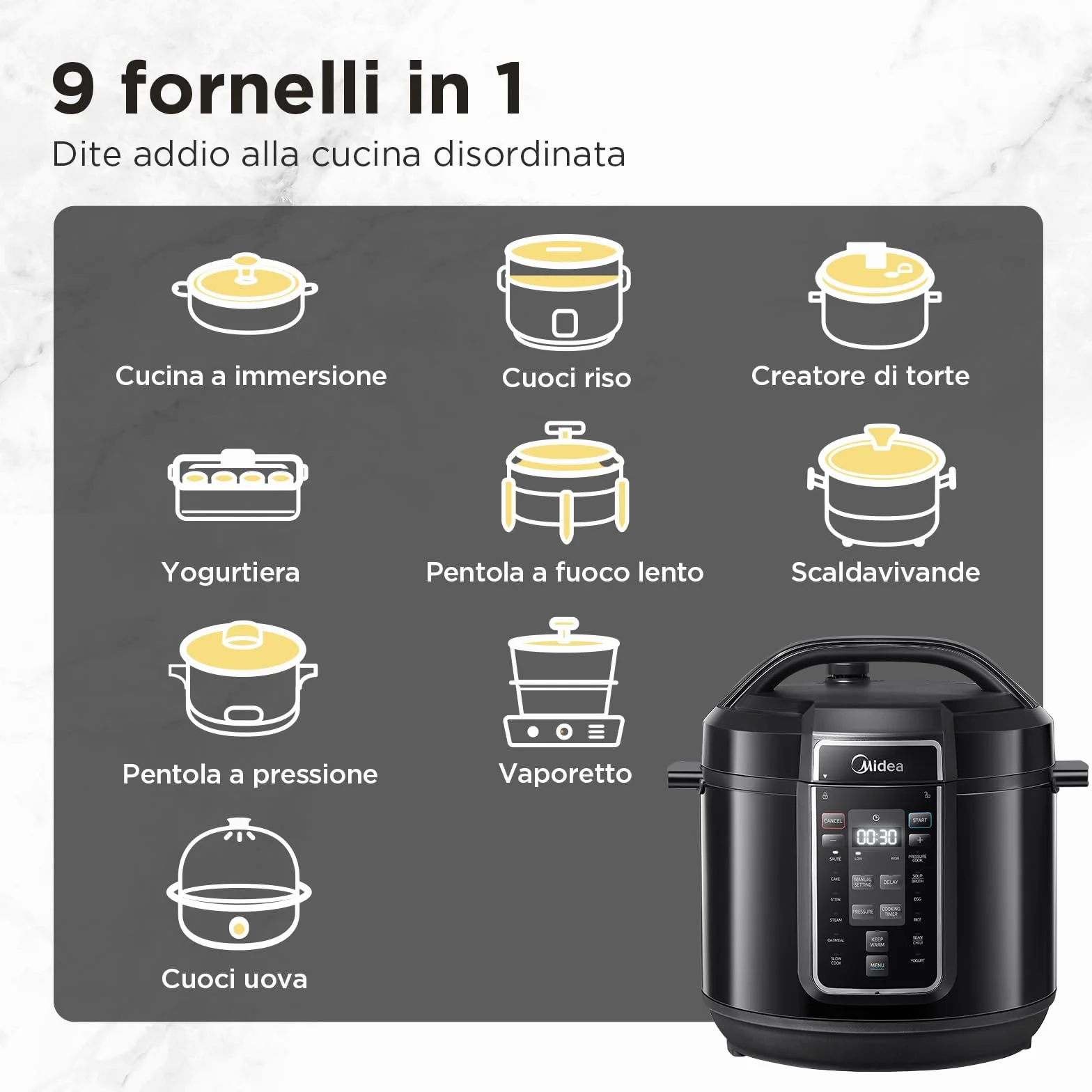 Midea Pentola a pressione elettrica 9 in 1 12 preset multicooker istantaneo antiaderente acciaio inox 8 quarti nero