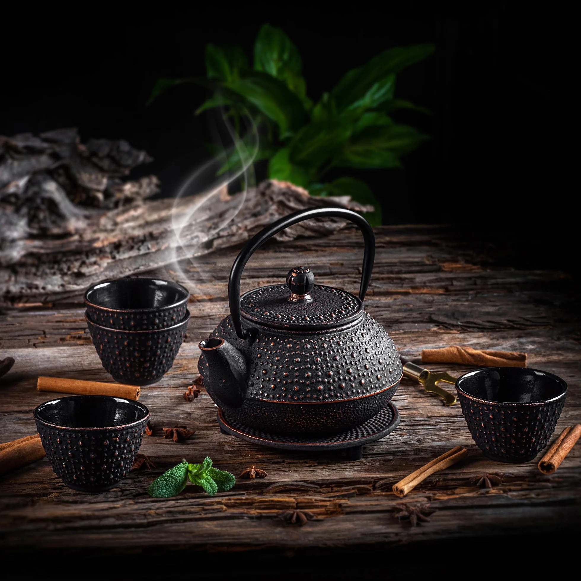 KADAX Bollitore in Ghisa con Tazze, Servizio da Tè Giapponese Tradizionale, Set con Filtro a Rete e Teiera con Manico Robusto (Nero)