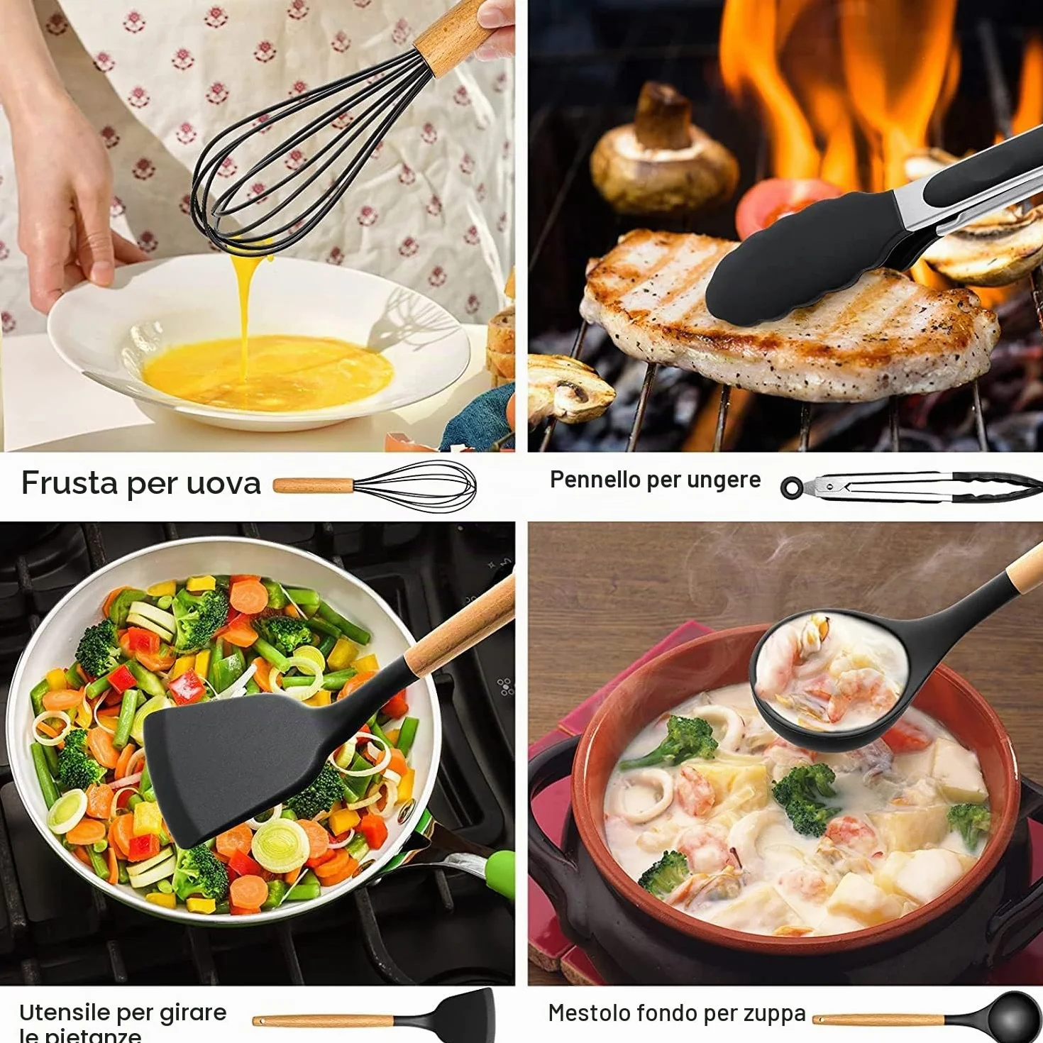 Set di 34 utensili da cucina in silicone, resistenti al calore, con manici in acciaio inossidabile di alta qualità, per cucinare e cuocere, spatole antiaderenti, utensili da cucina (nero)