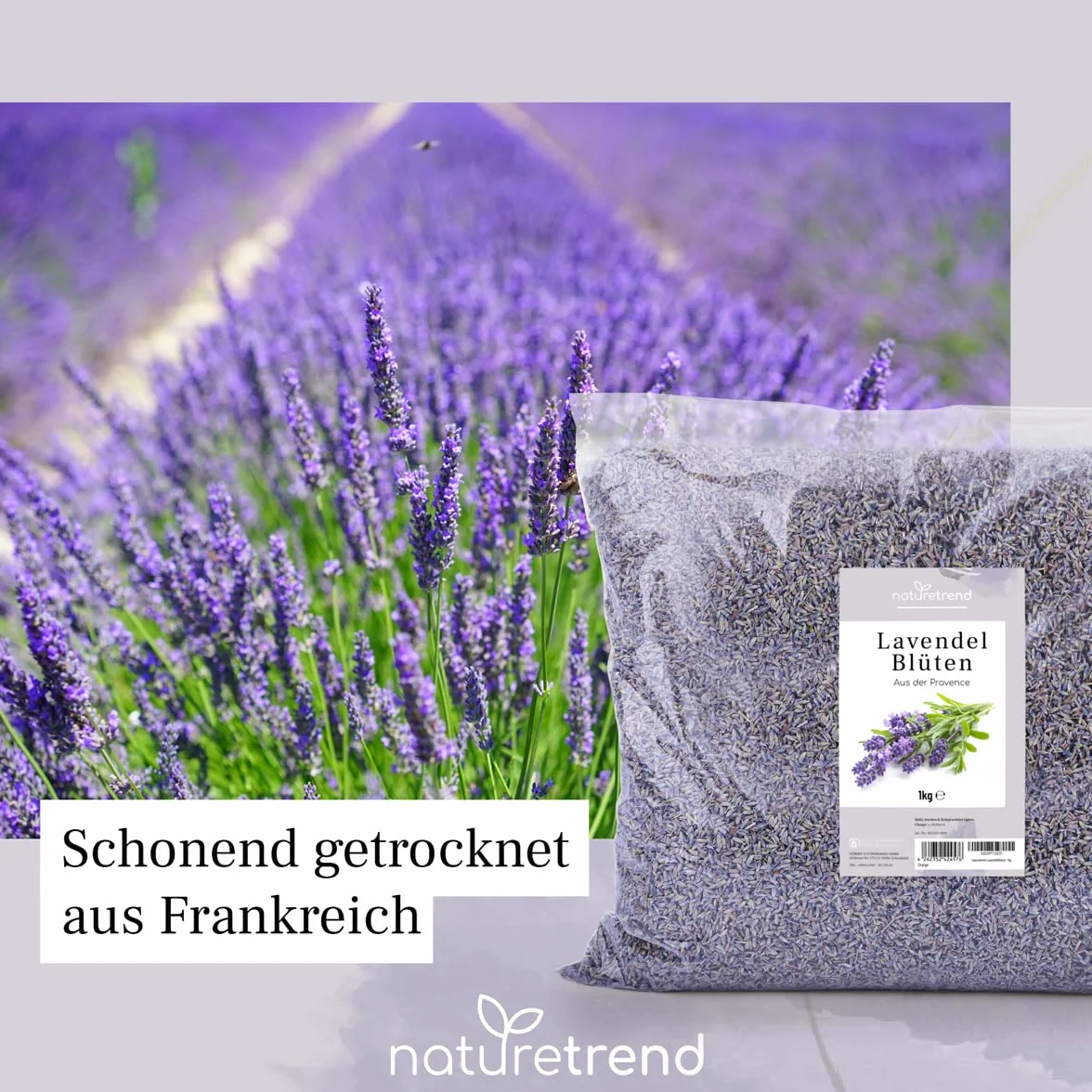 naturetrend Fiori di lavanda essiccati, 1 kg – lavanda francese della Provenza, nuovo raccolto, profumo intenso e bluastro, per cuscini profumati, profumo potpourri
