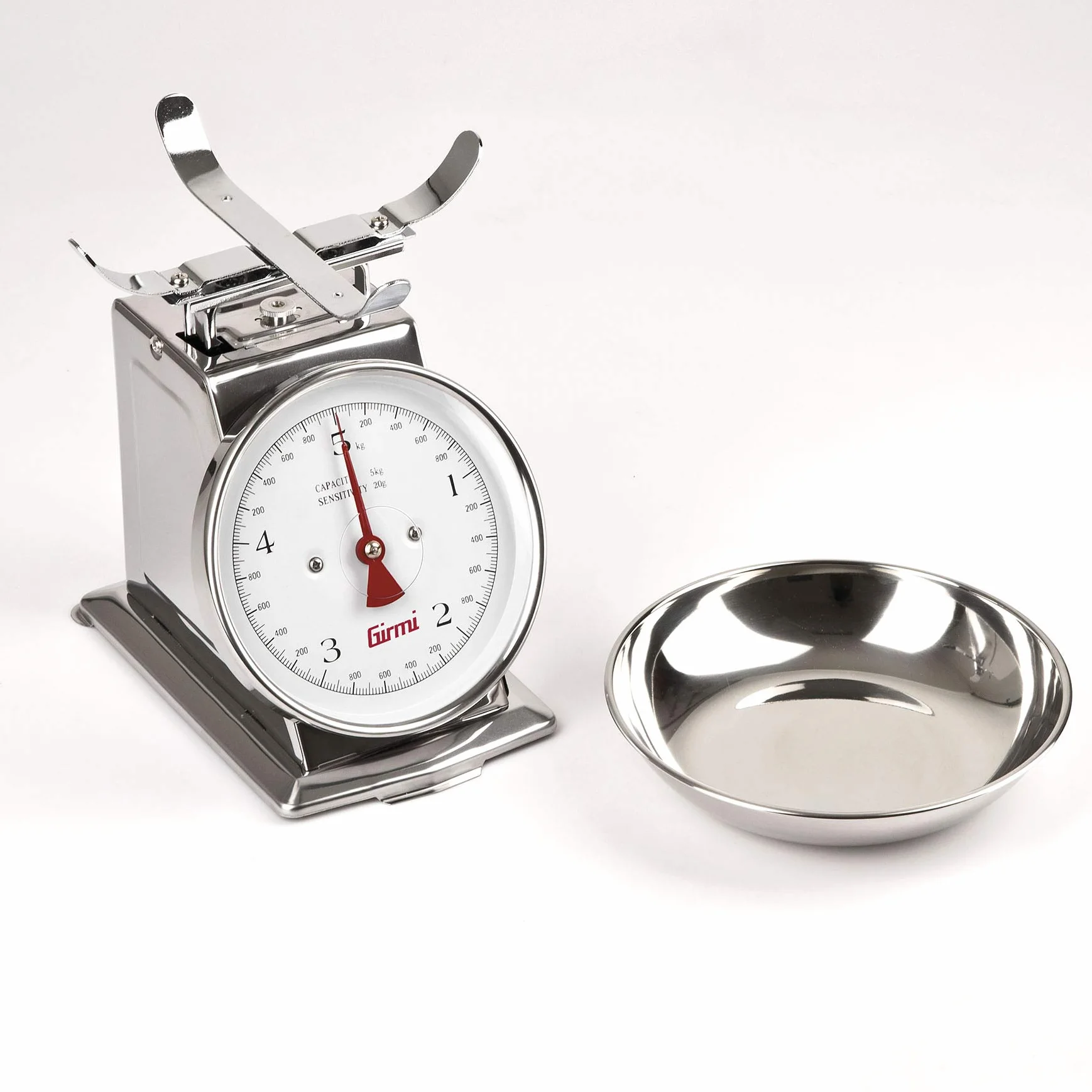 Girmi PS90 Bilancia Meccanica da Cucina, Ciotola 1 Lt, Corpo Inox, 20gr/5Kg, Funzione Tara