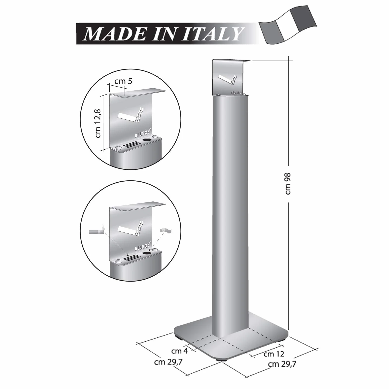 Portacenere Da Esterno Autoportante 30X30X98 Cm Acciaio Inox Alluminio Made In Italy ALUBOX