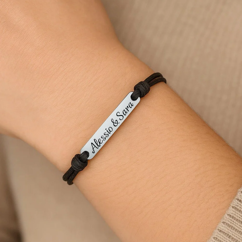 Generico Bracciale Personalizzato Uomo Donna Cordoncino Nero Regolabile Acciaio Inox Idea Regalo Romantica Coppia Anniversario San Valentino