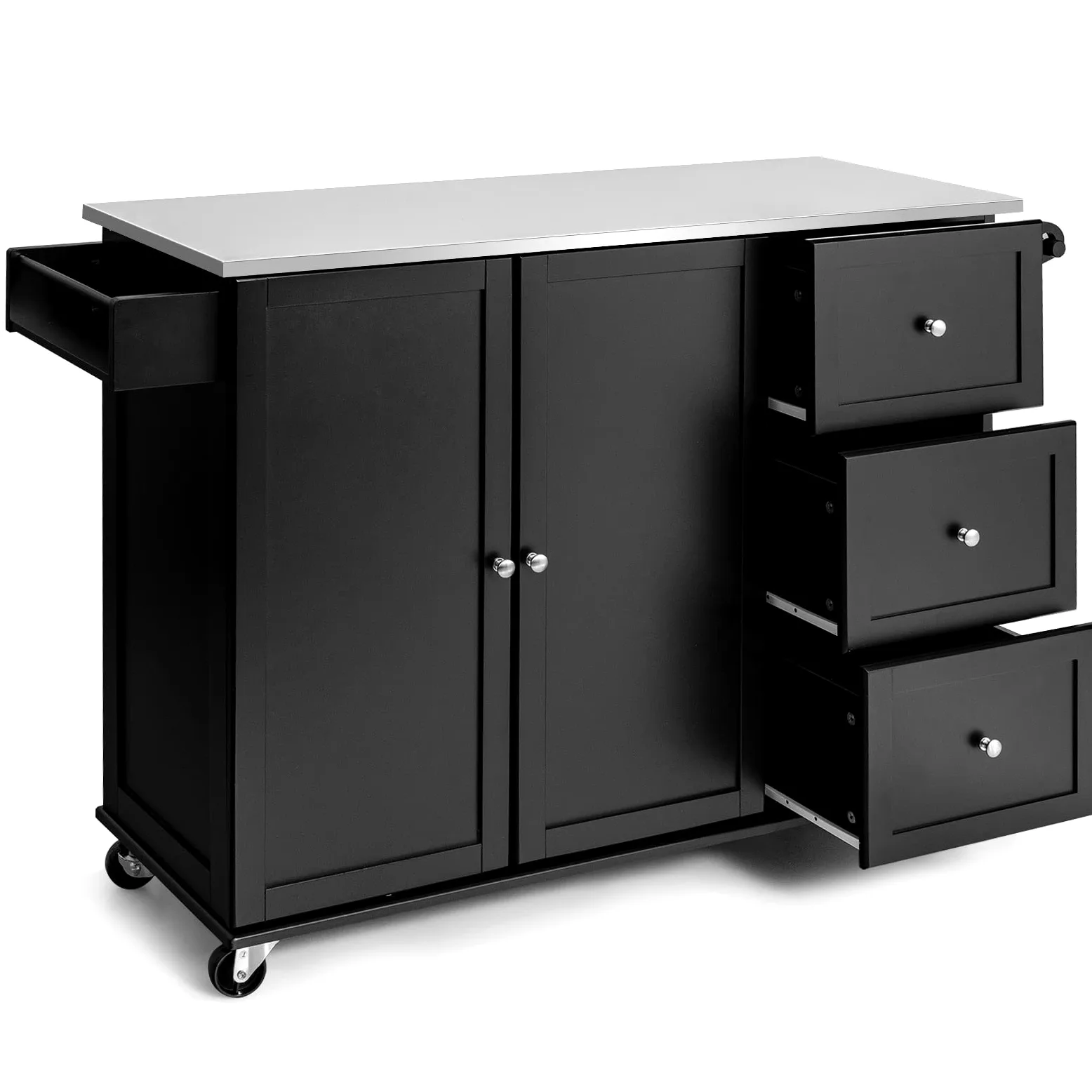 KOMFOTTEU Isola da Cucina Mobile con Piano di Lavoro in Acciaio Inox, Carrello da Cucina con 3 Cassetti & Porta Asciugamani & Ripiano Regolabile, Armadio da Cucina su Ruote, Carrello da Cucina 135 x
