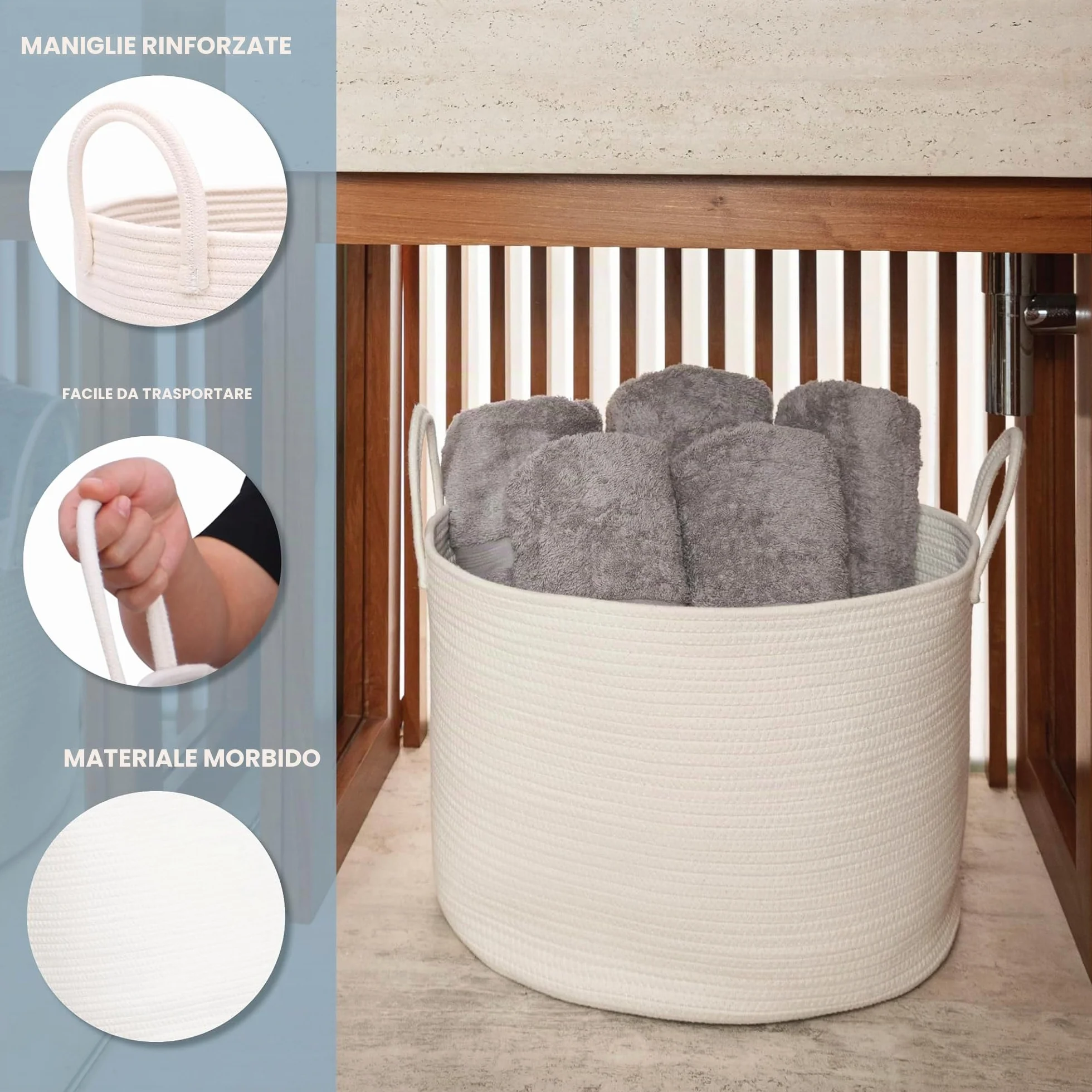 OrganiHaus Cesto XL 50x33cm Bianco – Contenitore Robusto e Morbido in Corda di Cotone per Lavanderia, Asciugamani, Giochi o Plaid