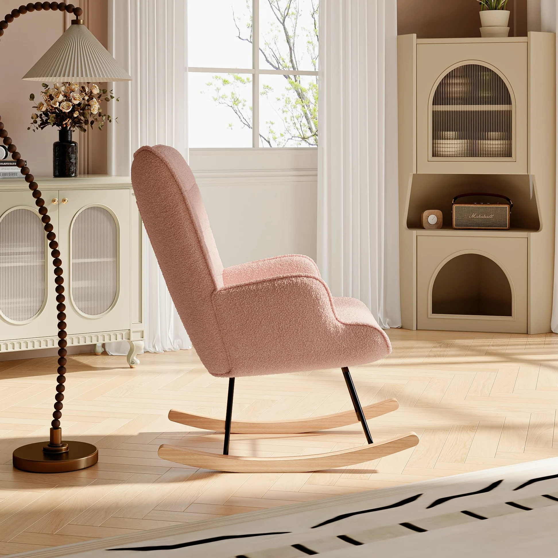 Sedia a dondolo Rosa, Rocking Chair, Sedia per l'allattamento, Sedia in velluto Teddy con gambe in legno massiccio, per soggiorno, camera da letto, balcone (rosa)