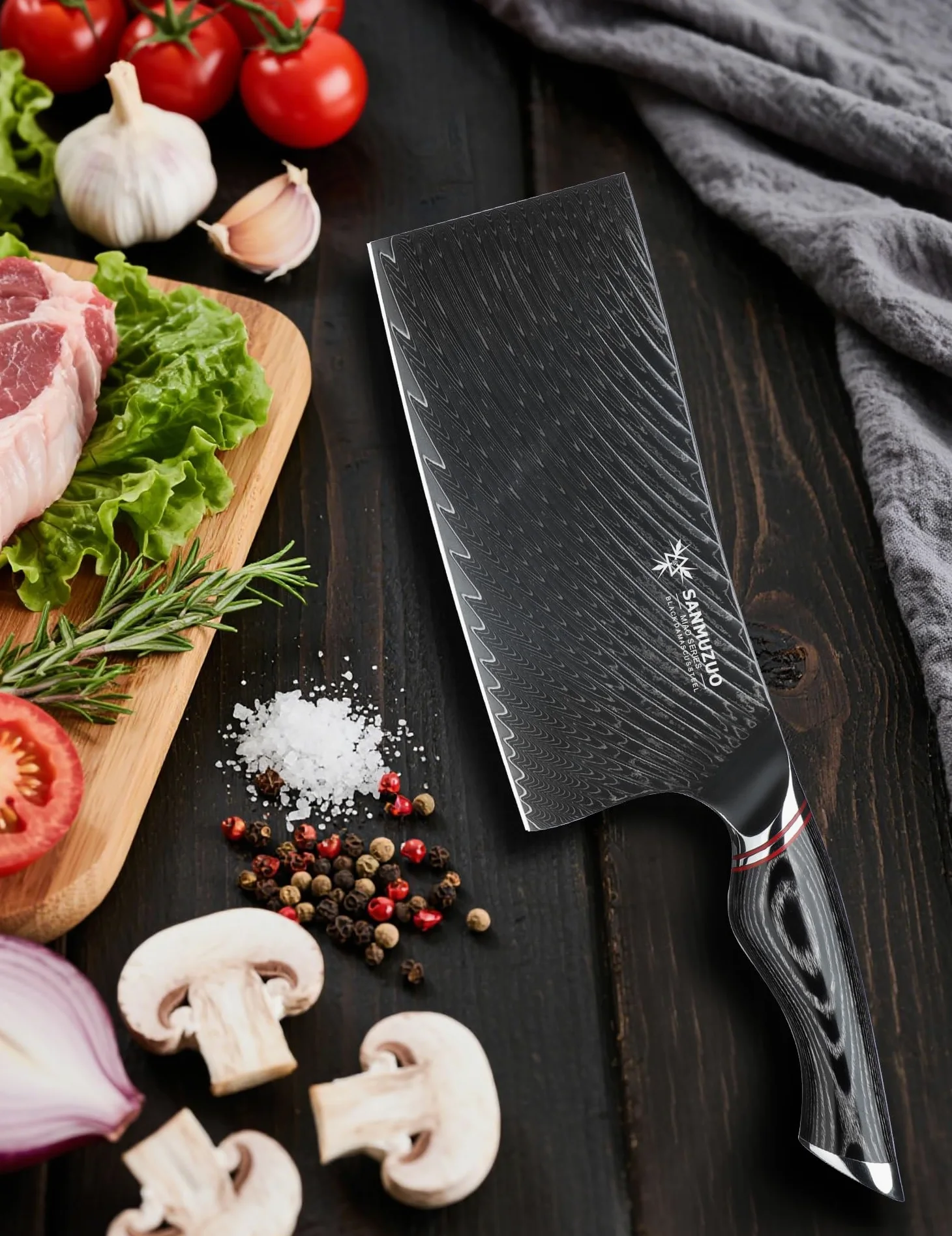 Coltello da macellaio da 18 CM - Coltello da cucina Cinese per verdure - Acciaio Damasco nero con manico ergonomico - Serie MIAO