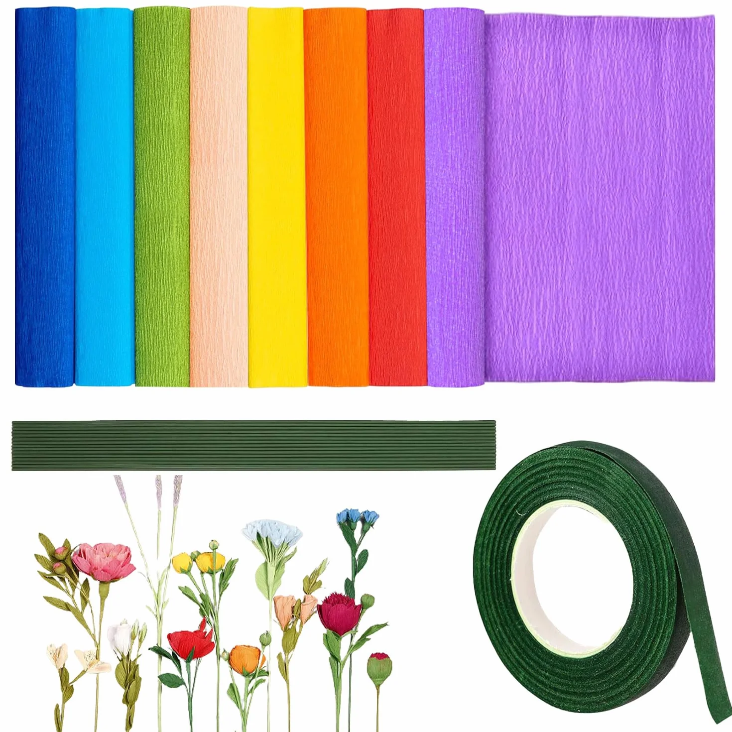 Carta Crespa Colorata 8 Colori 25x250cm con Nastro Verde e Steli Filo Floreale