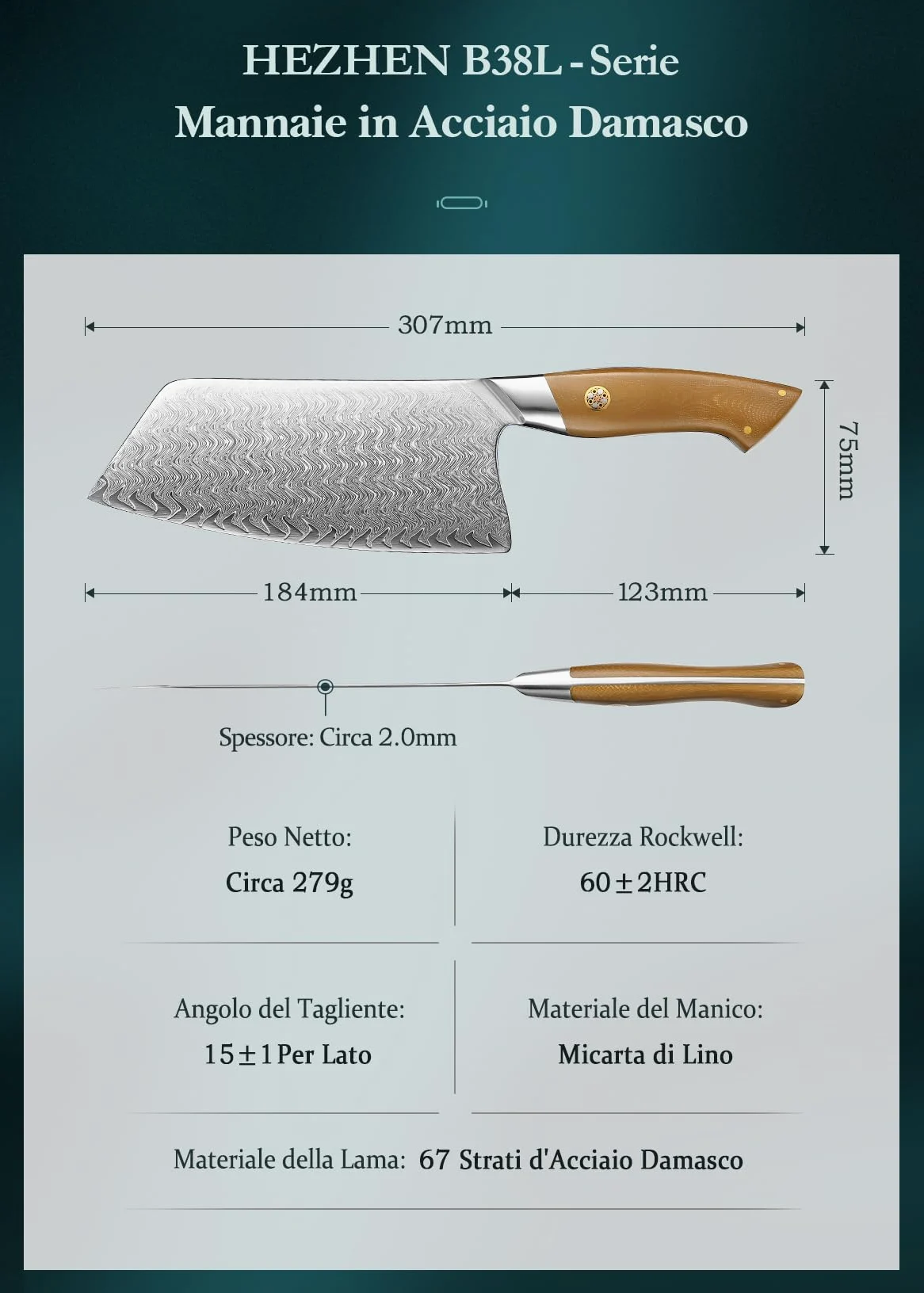 HEZHEN Mannaie per Carne Acciaio Damasco,Coltelli Mannaie da Chef Cinesi Professionale, Coltelli da Cucina Multifunzionale, Full Tang Manico