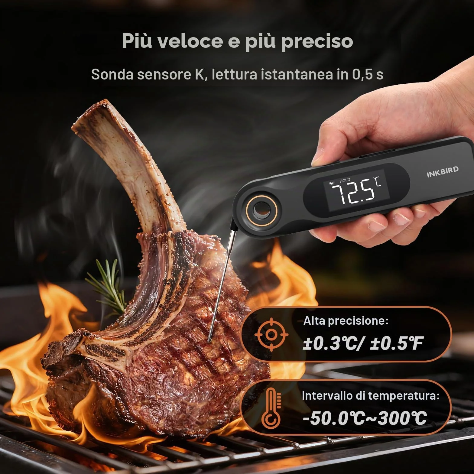 INKBIRD Termometro Alimentare a Lettura Istantanea a Doppio Display,Due Schermi,Risposta Super Rapida 0,5 Sec,Impermeabile IP65 Corpo Intero,Ideale per Cucina, Grigliate,Forno,Preparazione Bevande