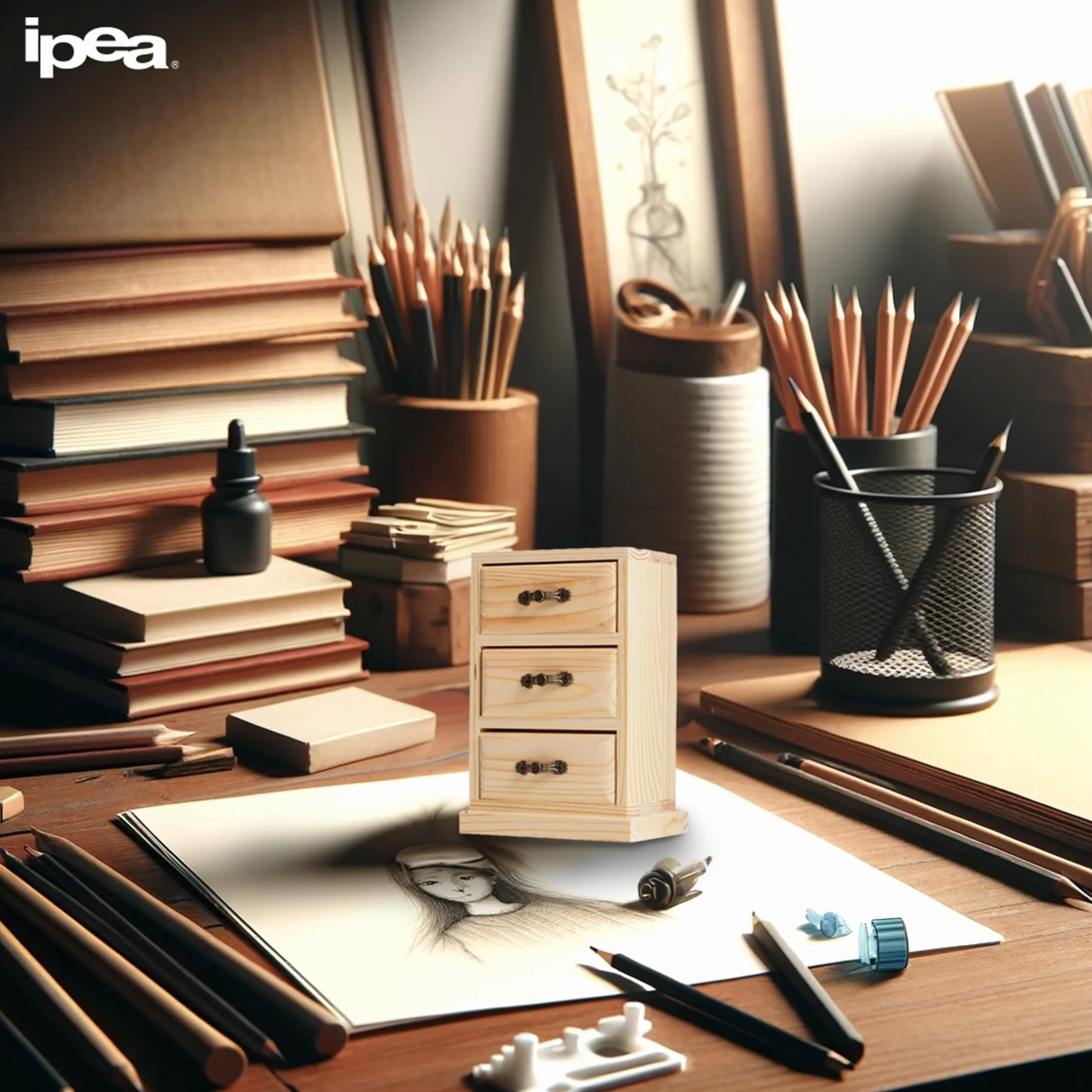 IPEA Legno Organizer da Tavolo 17 cm Mini Cassettiera Portaoggetti e Porta Gioielli per Scrivania