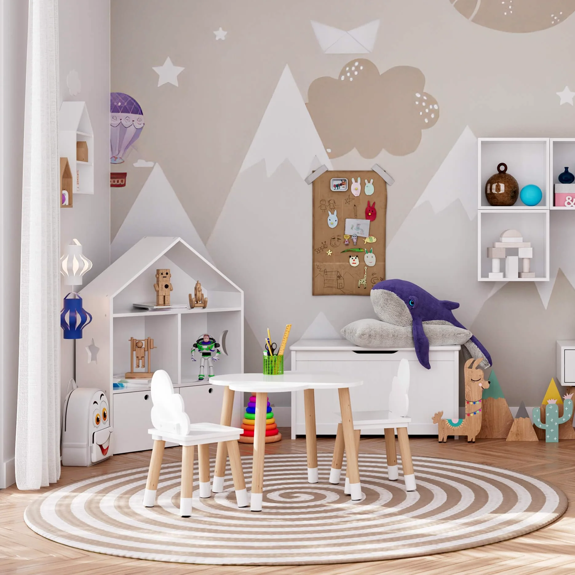 Rebecca Mobili Set Tavolino E Sedie Per Bambini, Sedie e Tavolo Arredo Cameretta Stanza Dei Giochi Bianco Marrone Chiaro, Mdf, Stile Nordico - Misure: 44 x 60 x 60 cm / 50 x 25 x 25 cm - Art. RE6733