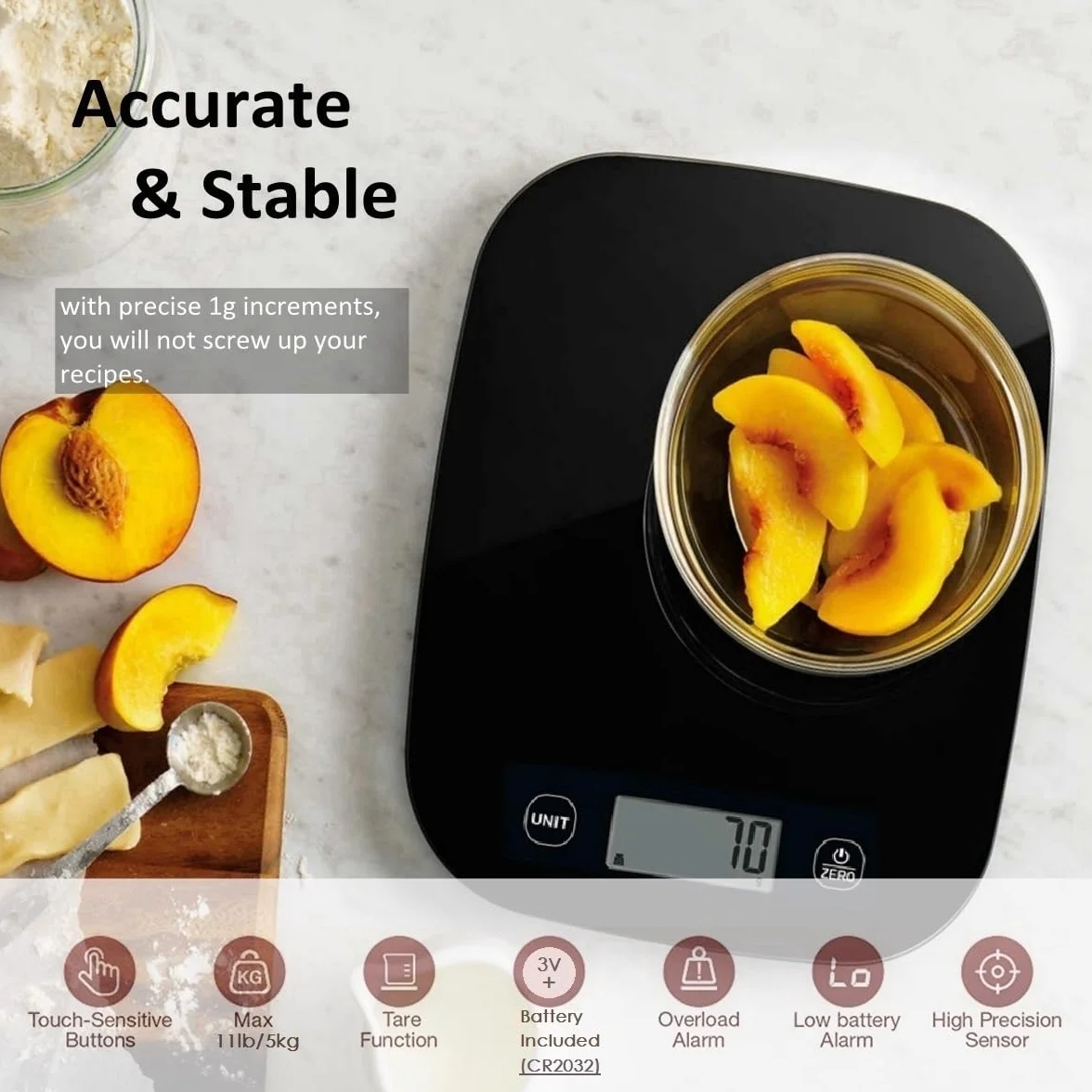 NUTRI FIT Bilancia digitale da cucina ultra sottile Bilancia elettronica multifunzione Bilancia da cucina grande display in plastica piattaforma 5kg/11lb-1g lb.oz fl.oz g ml (nero)