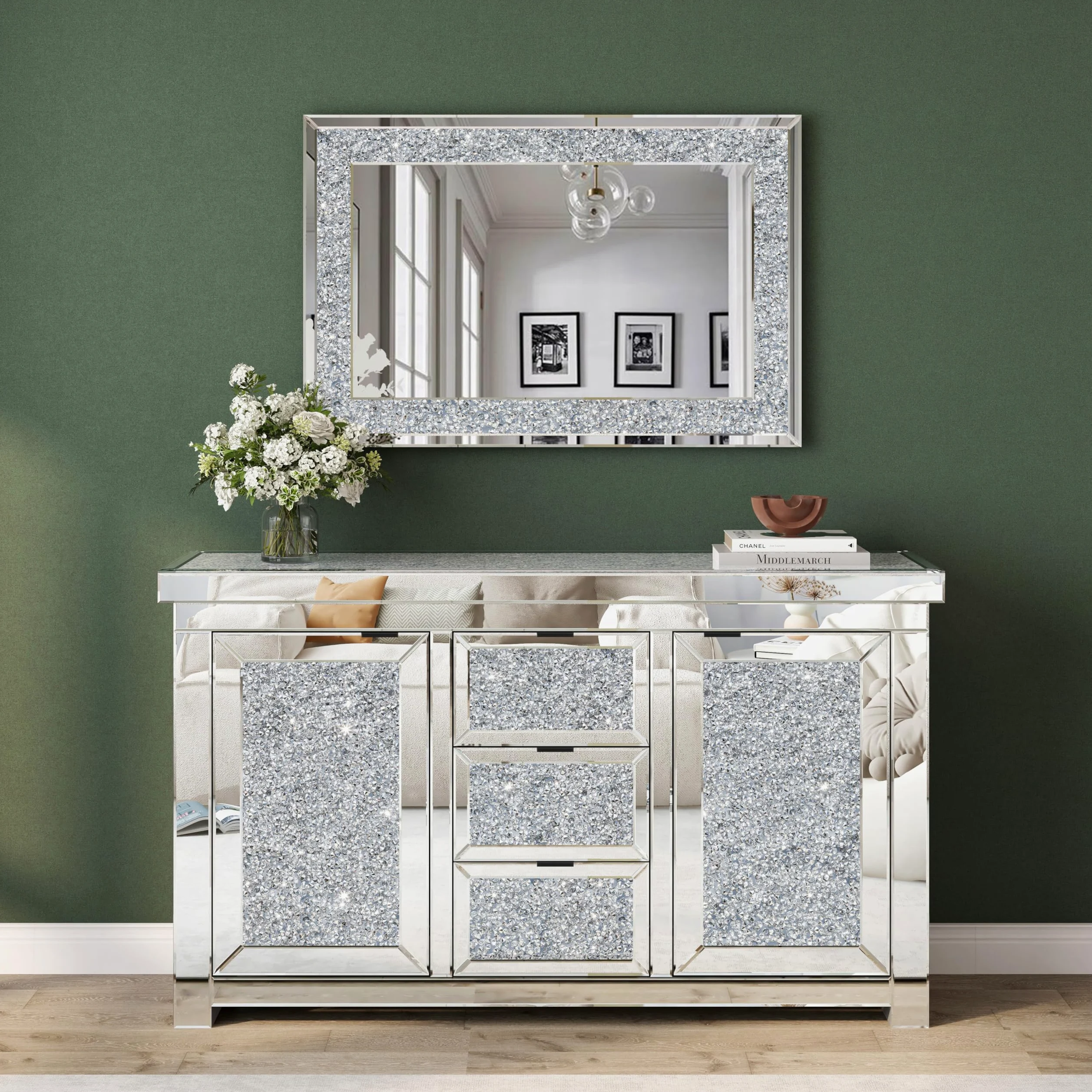 SHYFOY Specchio da Parete Rettangolare | Specchio Decorativo da Parete con Decoro Diamante in Cristallo | Specchio Grande e Lussuoso per Bagno Soggiorno Camera da letto Ingresso | 90 x 60 cm |