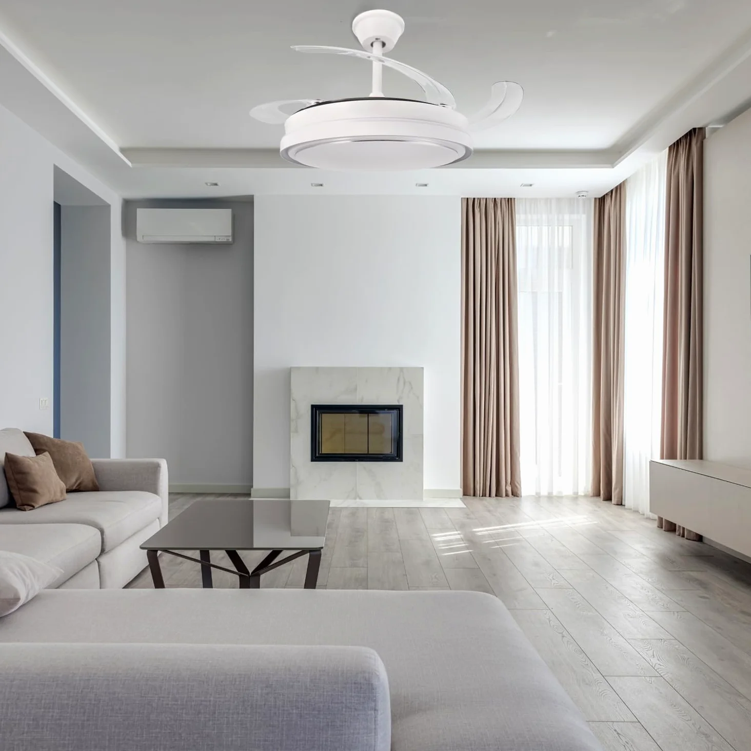 M mimotec -Ventilatore da Soffitto White Hood 70W con Luce LED Regolabile CCT, Motore DC 30W a Basso Consumo + LED 40W, 6 Velocità, Silenzioso, 4 Pale Retrattili, Estate/Inverno, Timer, Telecomando