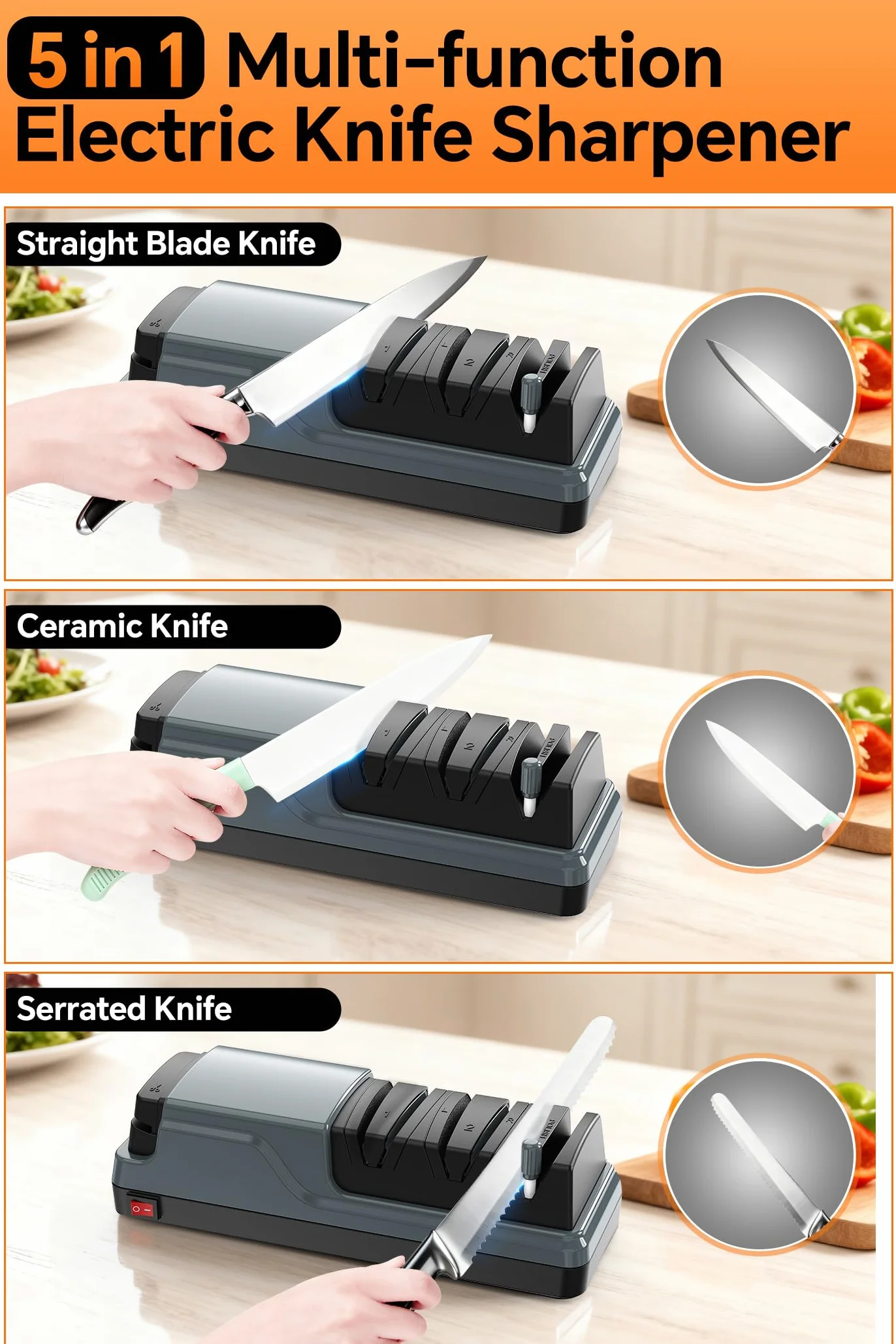 Affilacoltelli Elettrico Multifunzione 5 in 1 Professionale per Coltelli da Cucina e Forbici, Grigio scuro