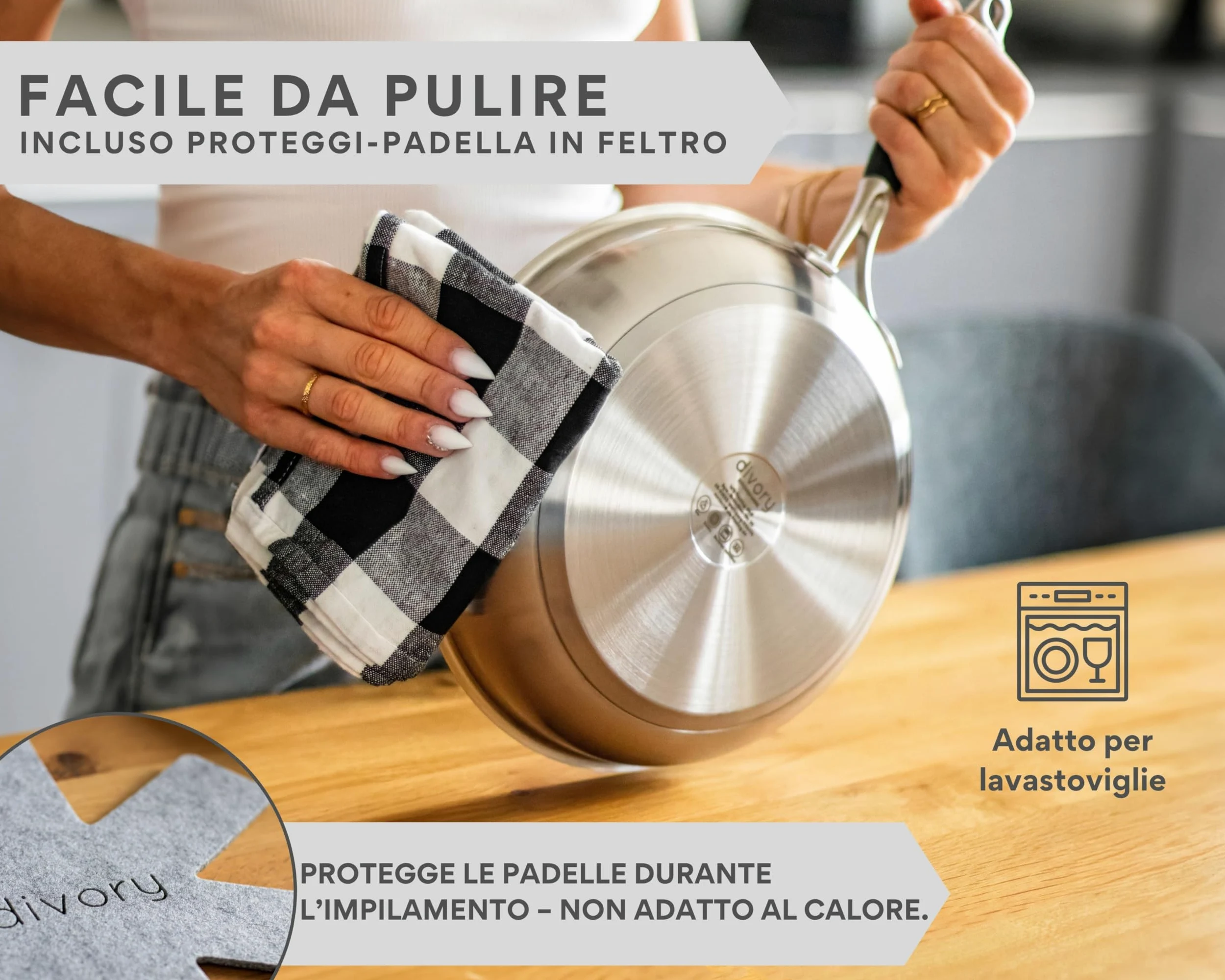 DIVORY Set di padelle in acciaio inox da 20, 24 e 28 cm – Padelle senza rivestimento, prive di PTFE e PFOA, in acciaio inossidabile (PURA)