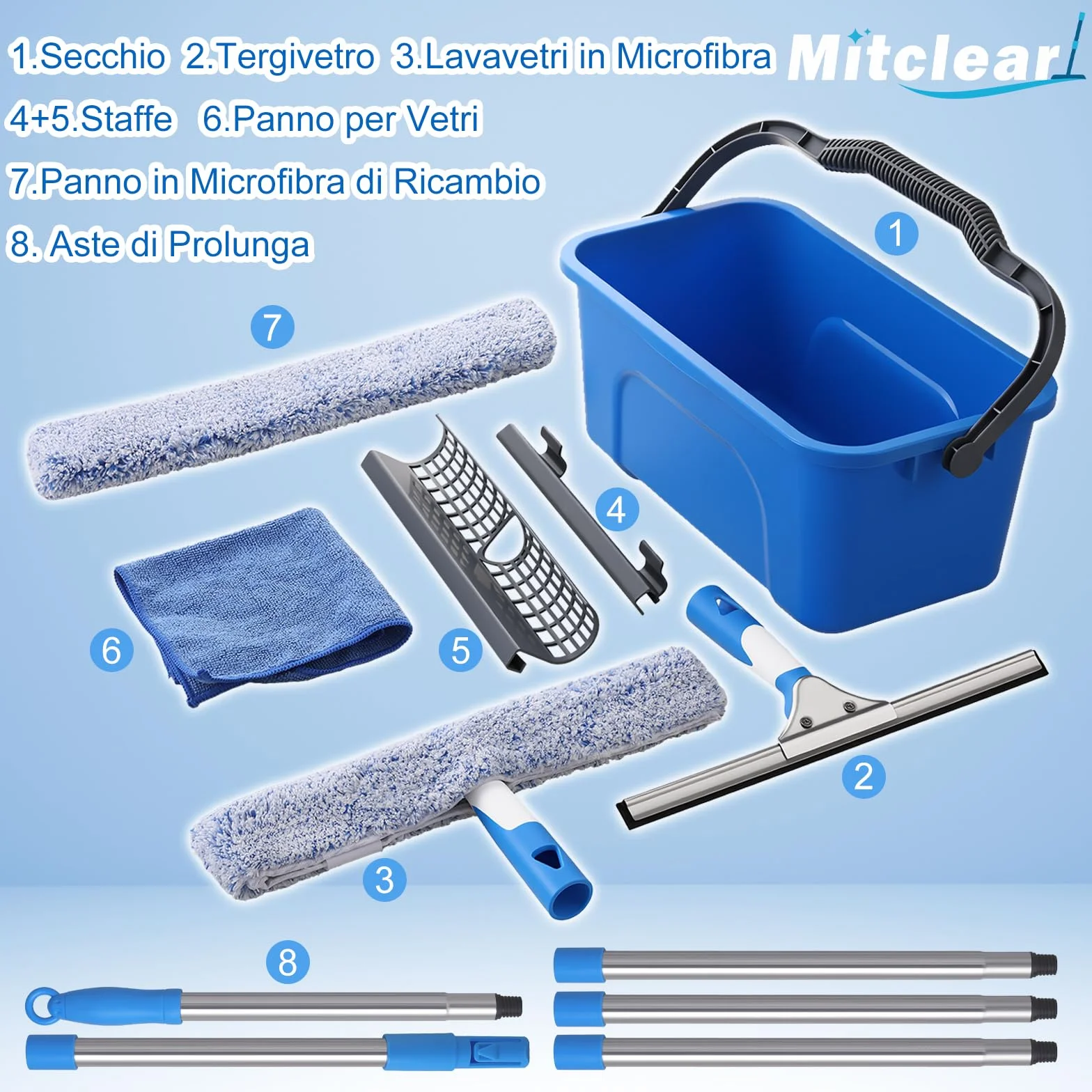 Mitclear Kit Professionale per Pulizia dei Vetri, 8 Pezzi, Secchio da 12L, Tergivetro in Silicone, Lavavetri in Microfibra, 196cm Manico Telescopico, Panno, Strumenti Pulizia di Vetri, Finestre, Auto