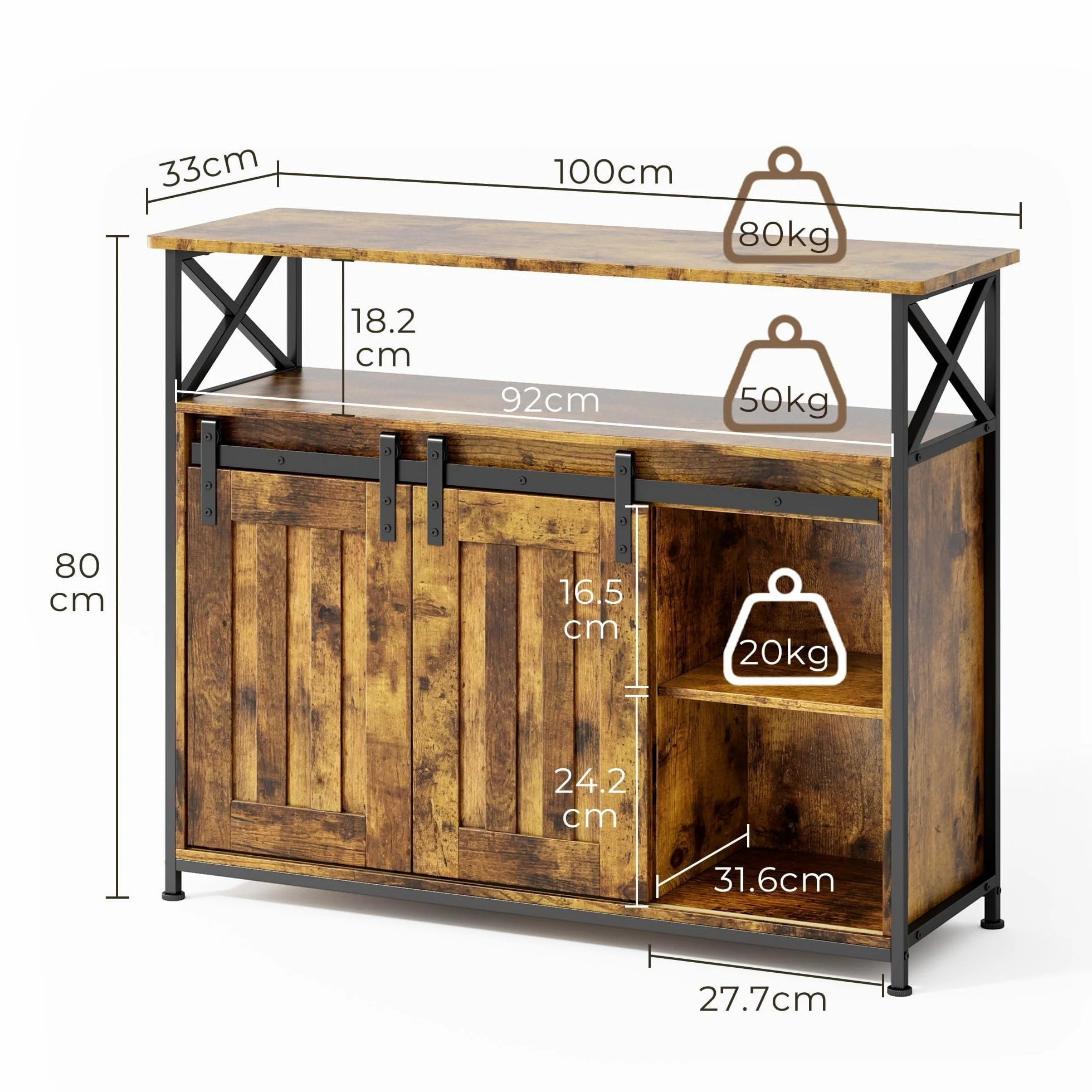 Credenza per Soggiorno Stile Country, con 2 Ante Scorrevoli, Ripiani Regolabili, Mobile Organizzatore in Legno, 33 x 100 x 80 cm, Retro
