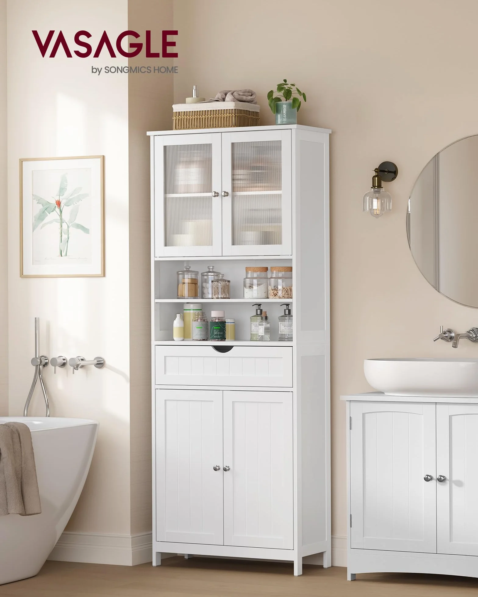 VASAGLE Mobiletto Contenitore, Armadietto da Bagno, con Ripiani Regolabili, Cassetto, Scomparti Aperti, per Bagno, Soggiorno, Sala da Pranzo, Bianco Nuvola BBC768W01