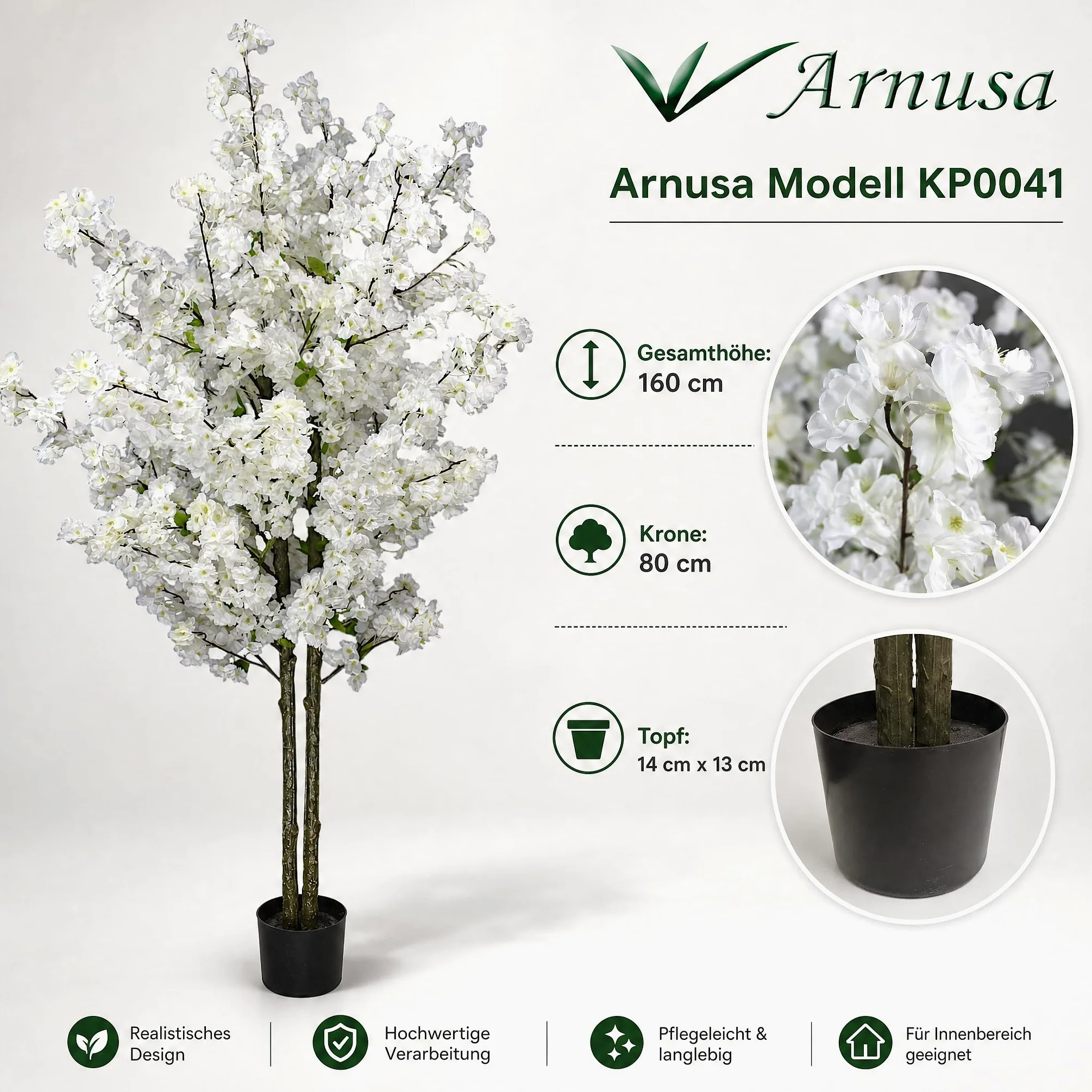 Albero di ciliegio artificiale Ciliegio Pianta artificiale Albero di ciliegio artificiale Pianta da interno (bianco 160 cm)