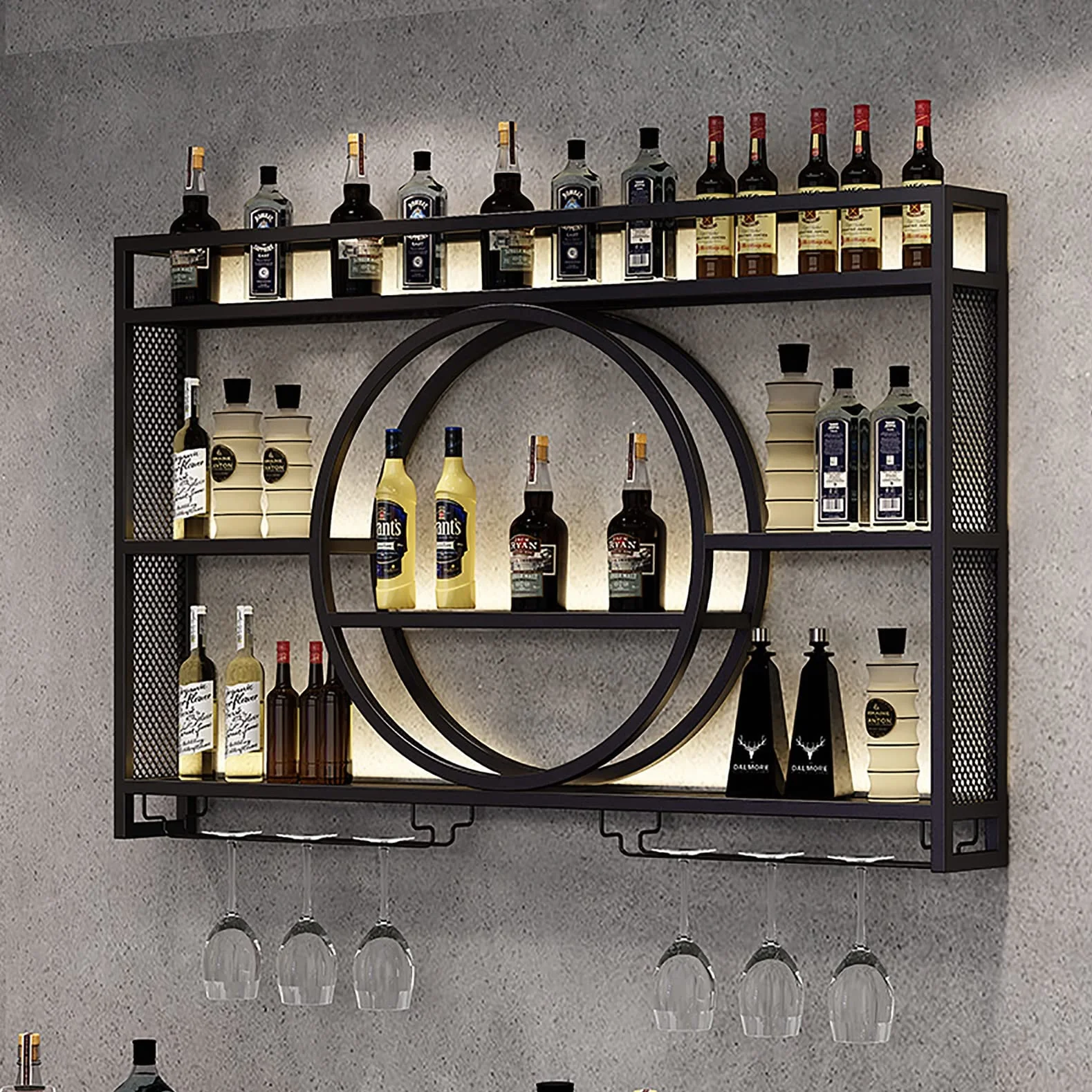 Porta Bottiglie Da Vino Portabottiglie Da Parete Con Ripiano Espositivo, Mensola Per Vino Industriale Calice E Portabicchieri, Vetrinetta Pensile Da Parete, Espositore Creativo Per Vino Da Parete. ( C